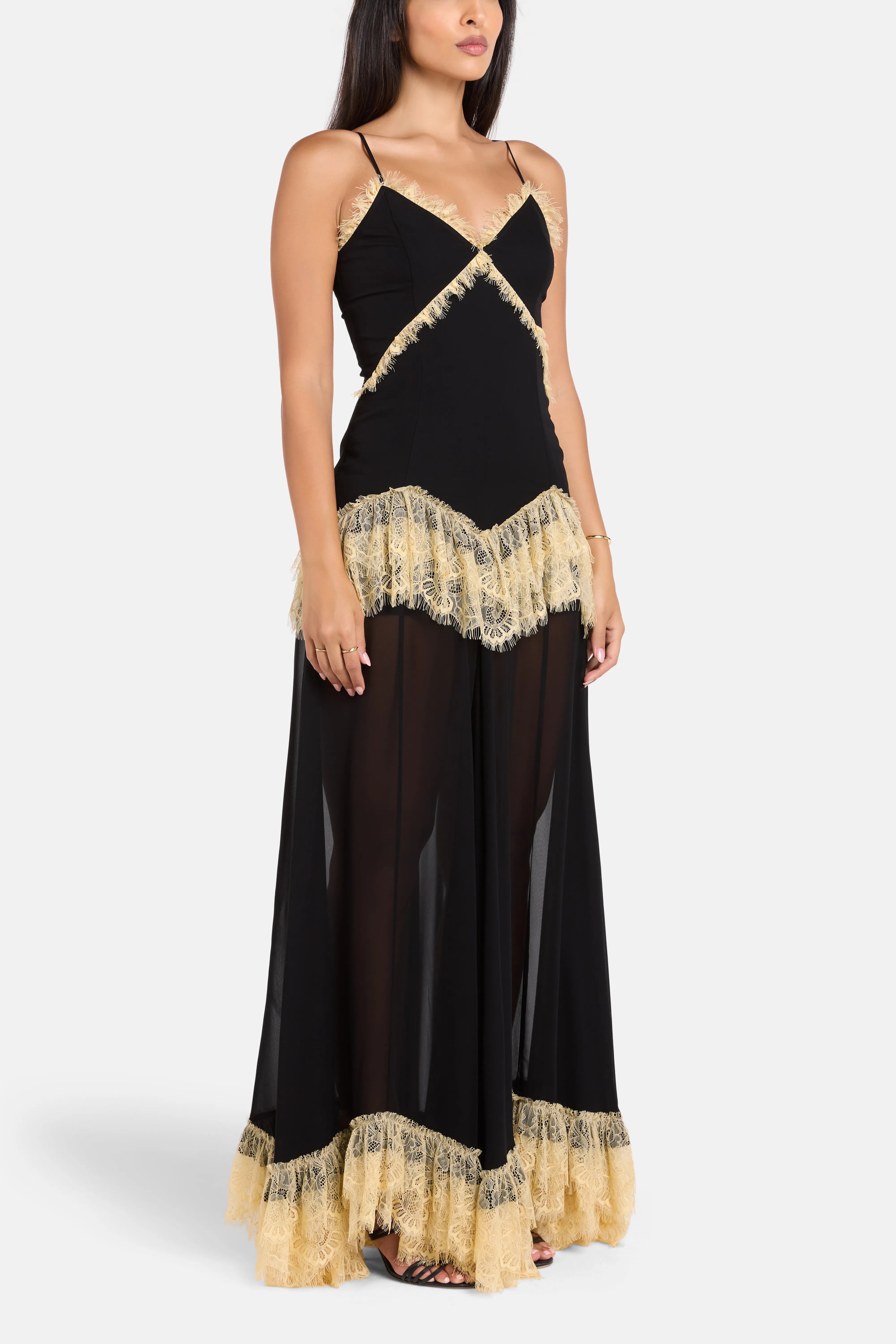 Estela Viscose Georgette Lace Sleeveless Maxi Dress in Black