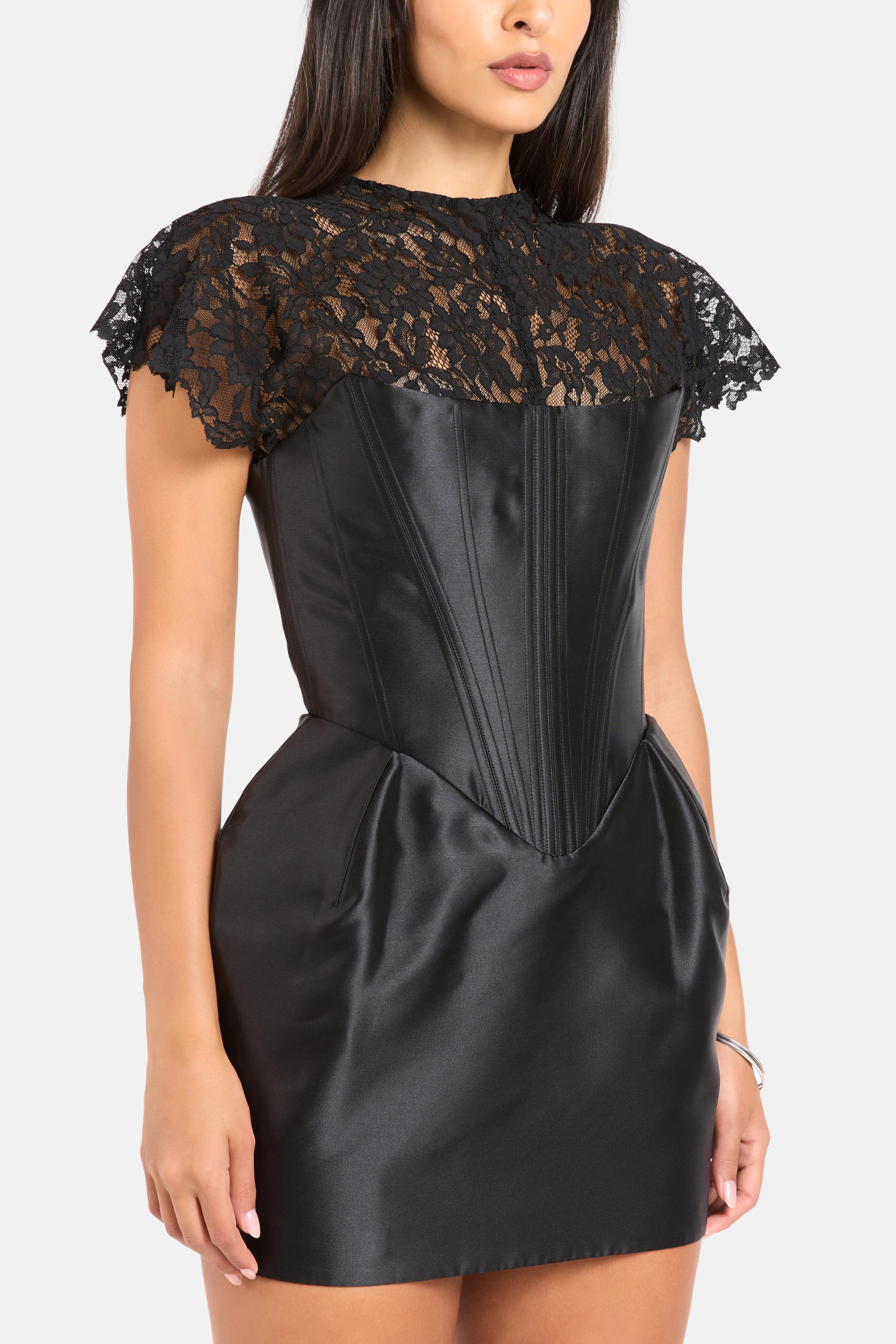 Catalina Twill Lace Corsetted Mini Dress in Black