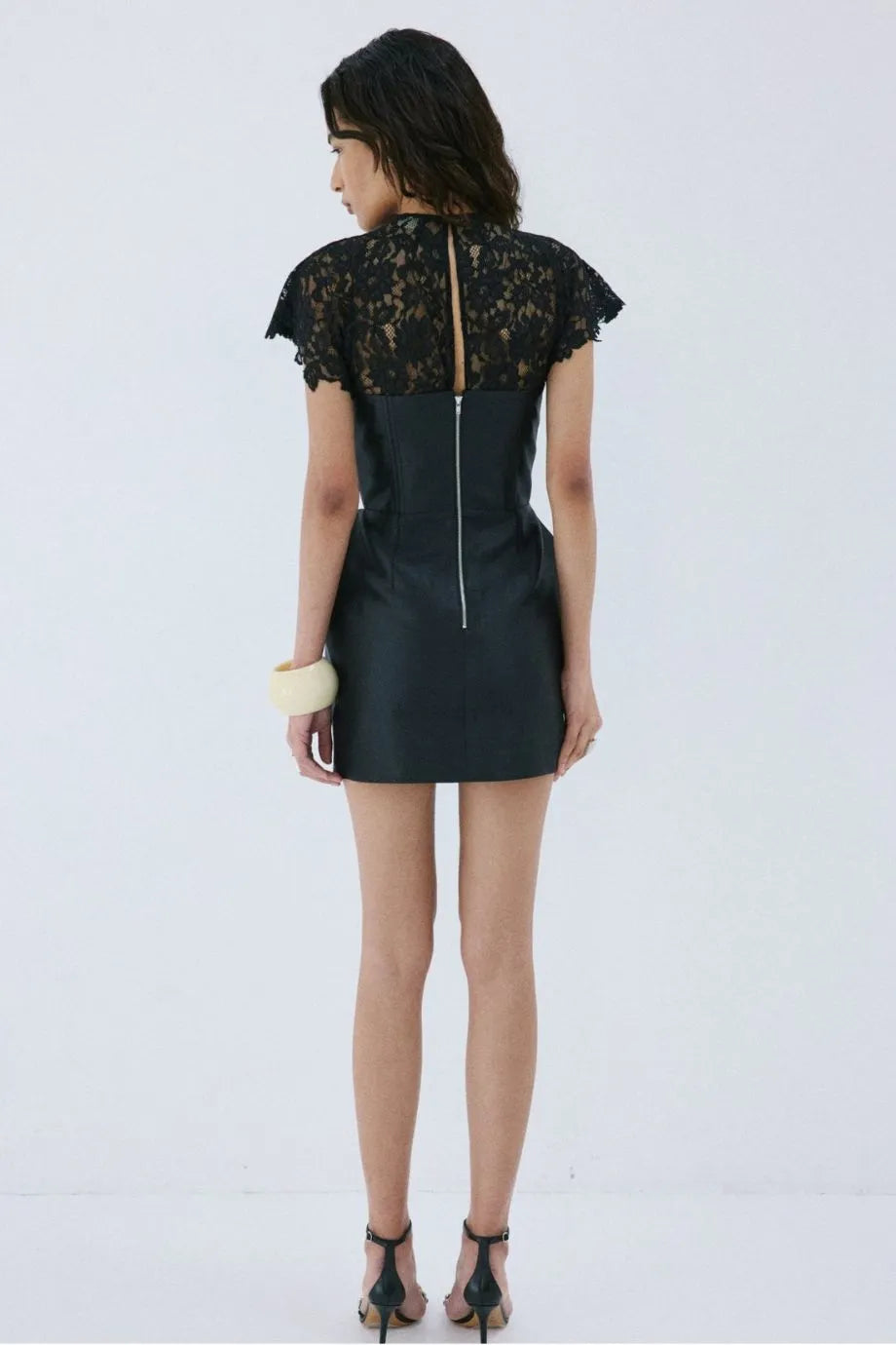 Catalina Twill Lace Corsetted Mini Dress in Black