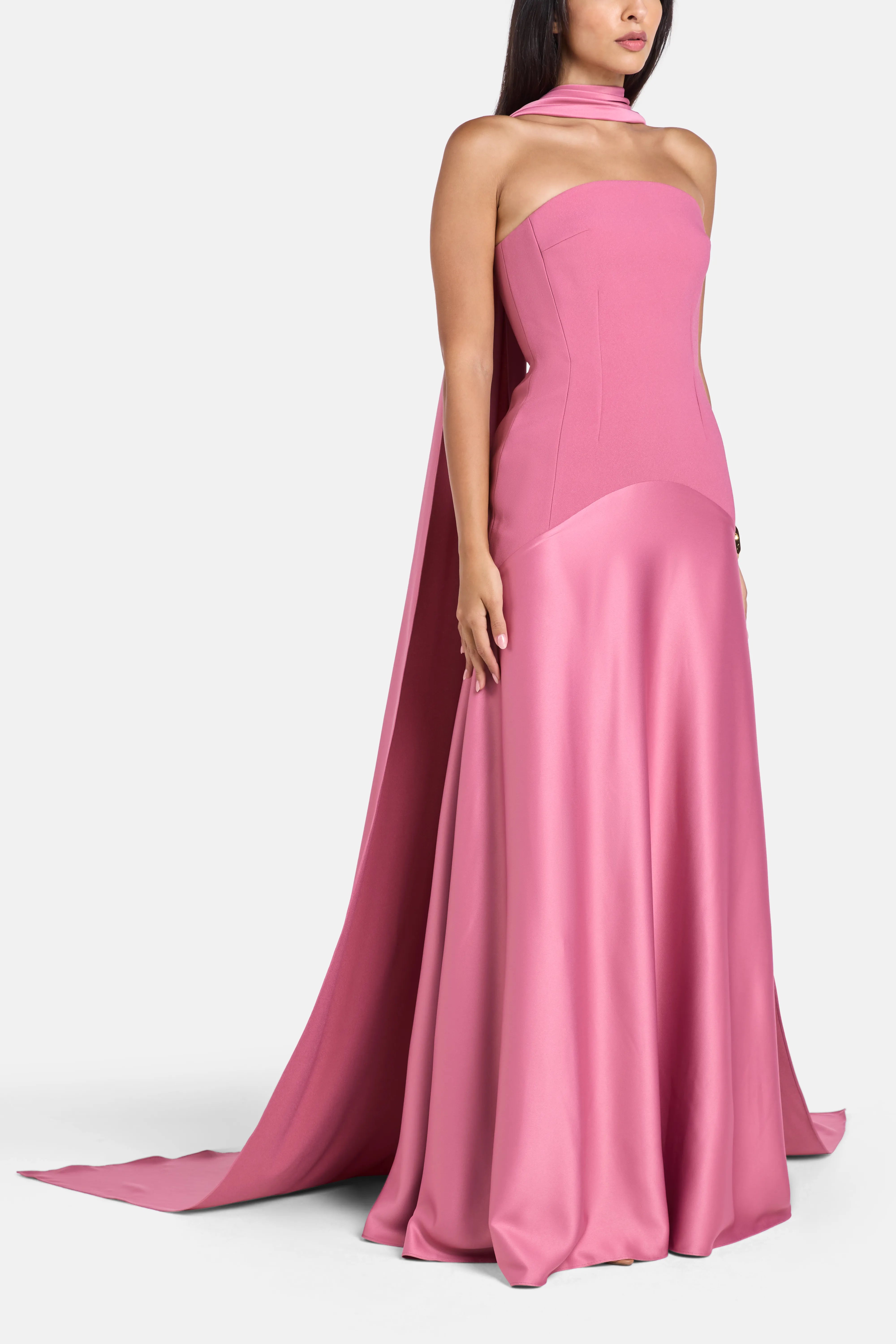 Mae Strapless Evening Dress in Pink with Scarf