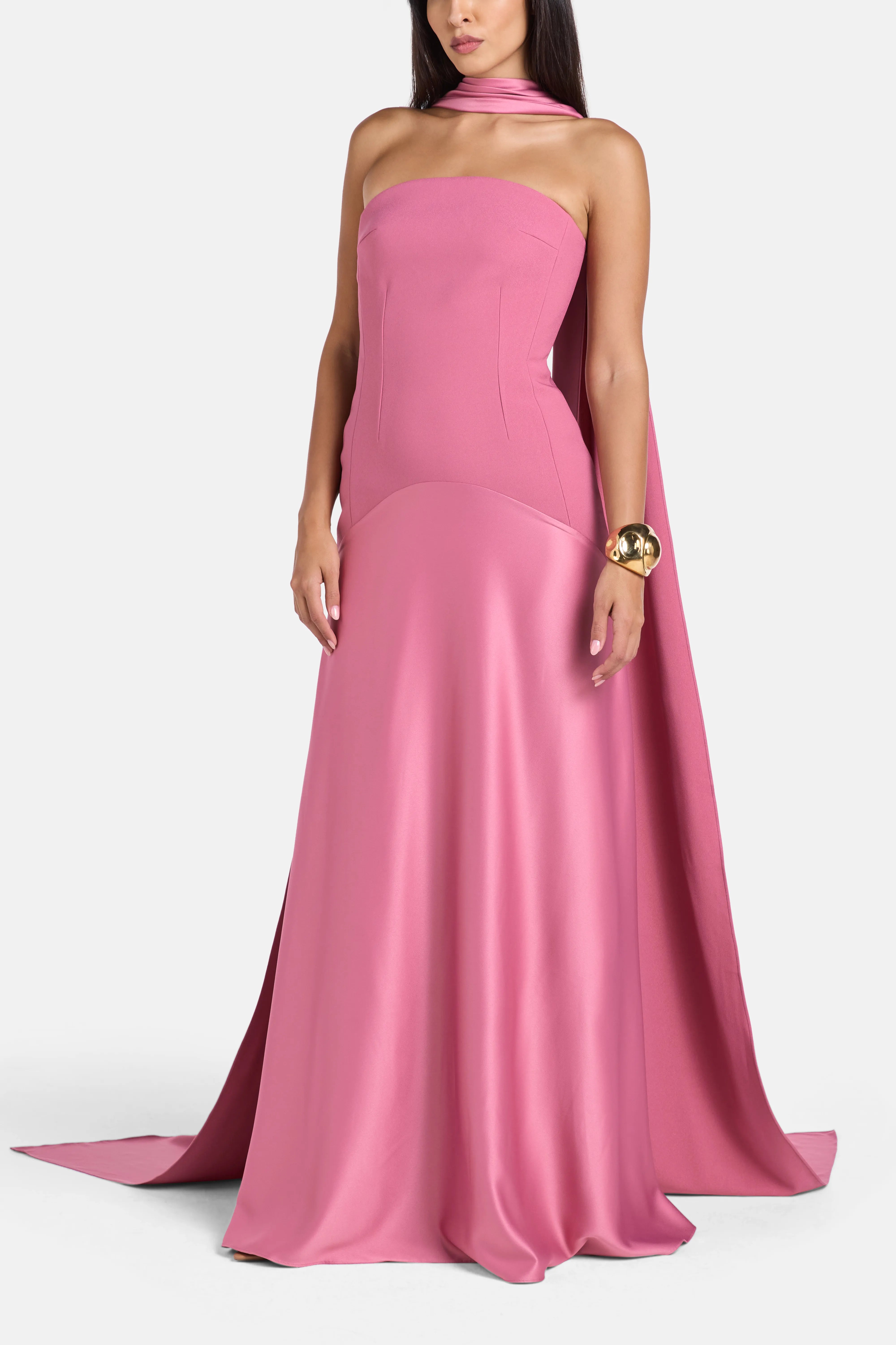 Mae Strapless Evening Dress in Pink with Scarf