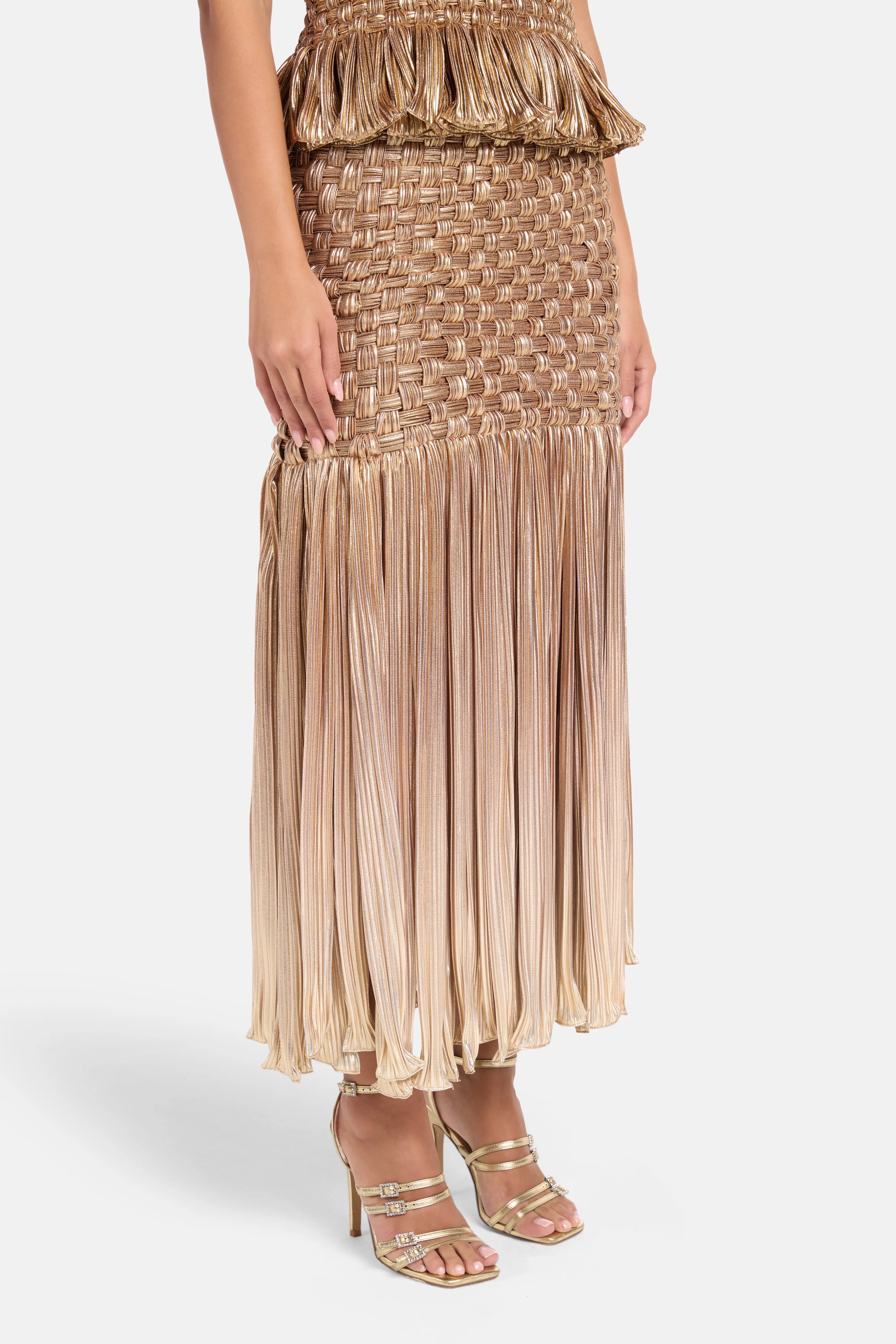 Canoa Fringes Woven Midi Skirt in Gold