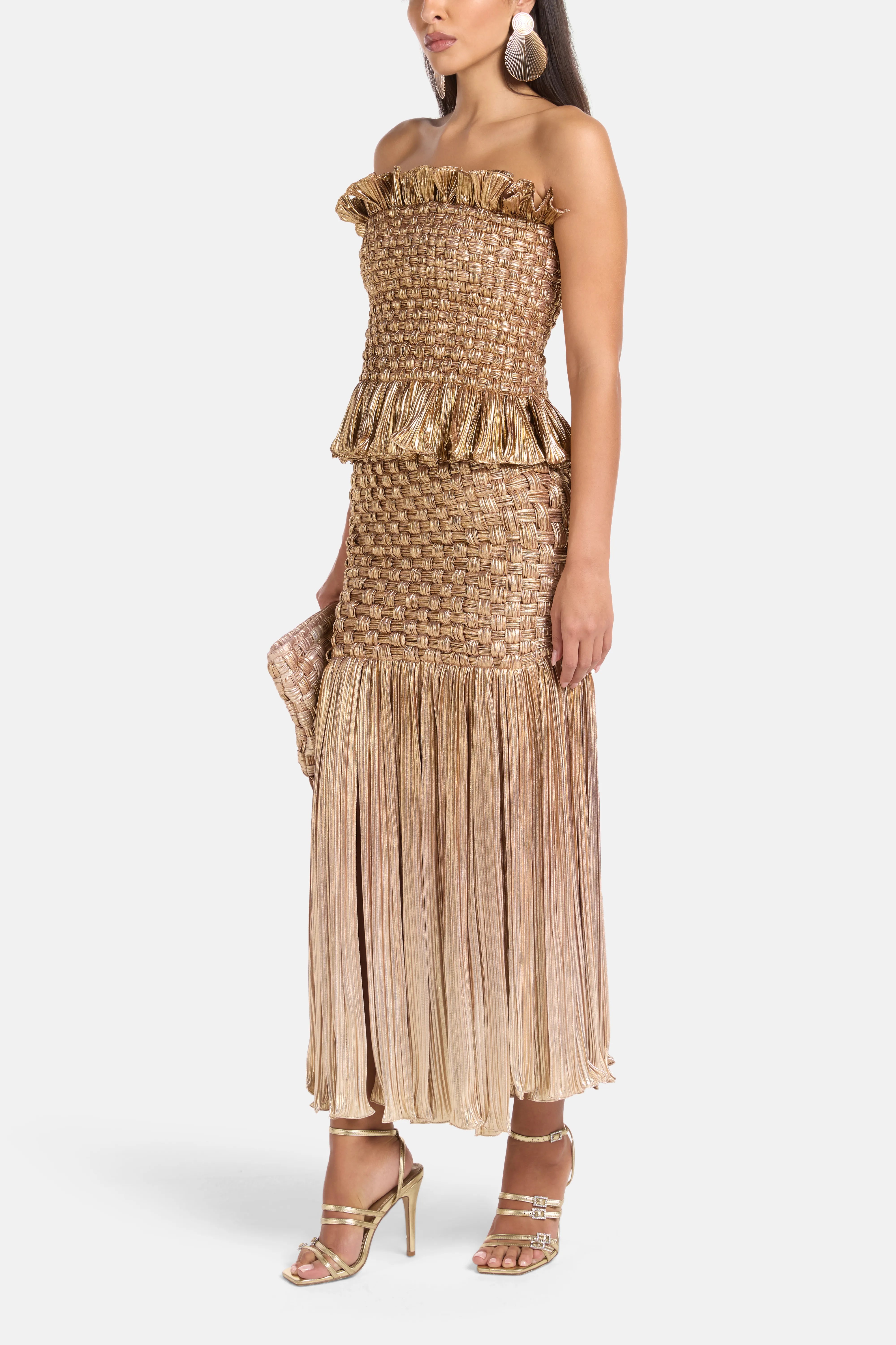 Canoa Fringes Woven Midi Skirt in Gold