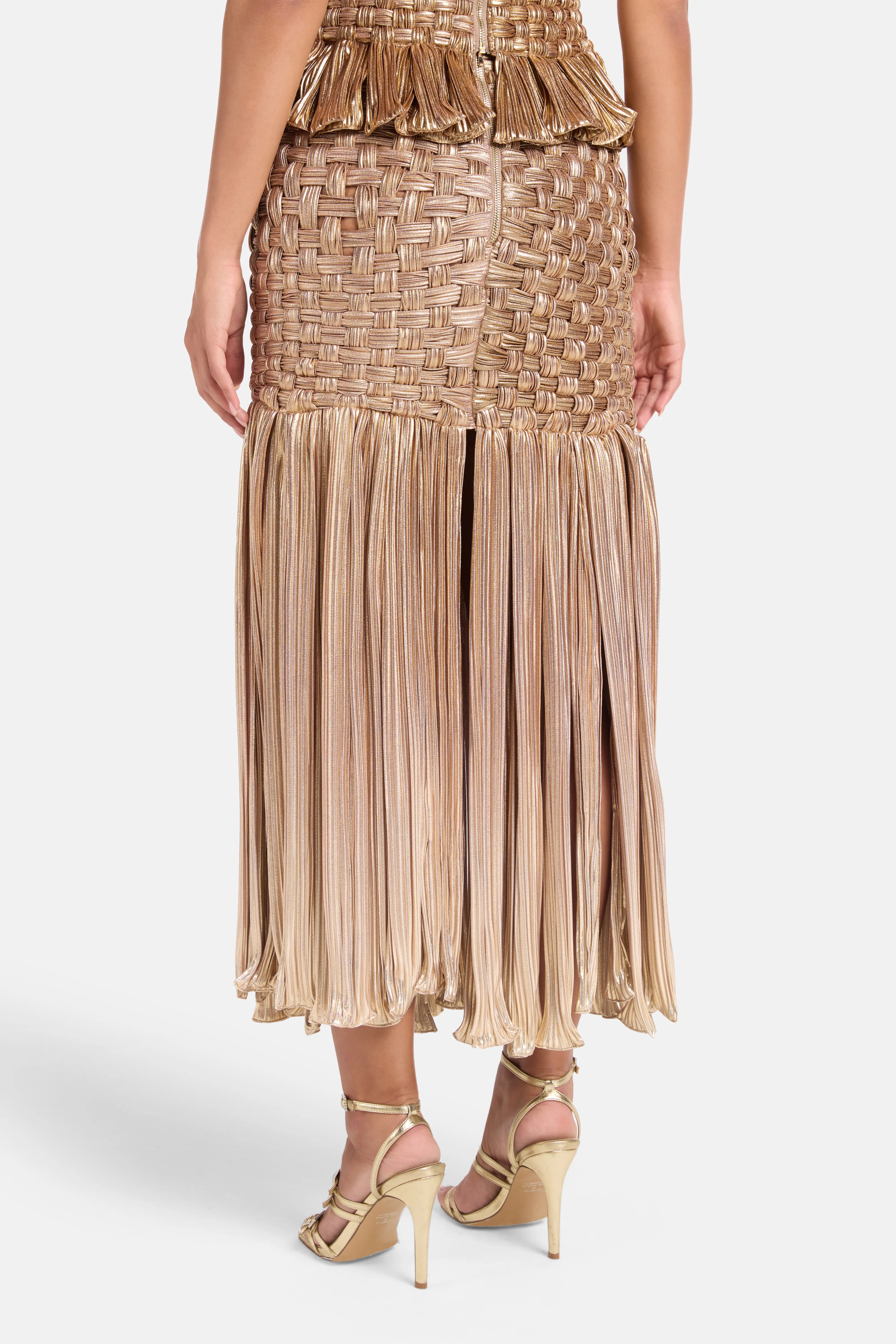 Canoa Fringes Woven Midi Skirt in Gold