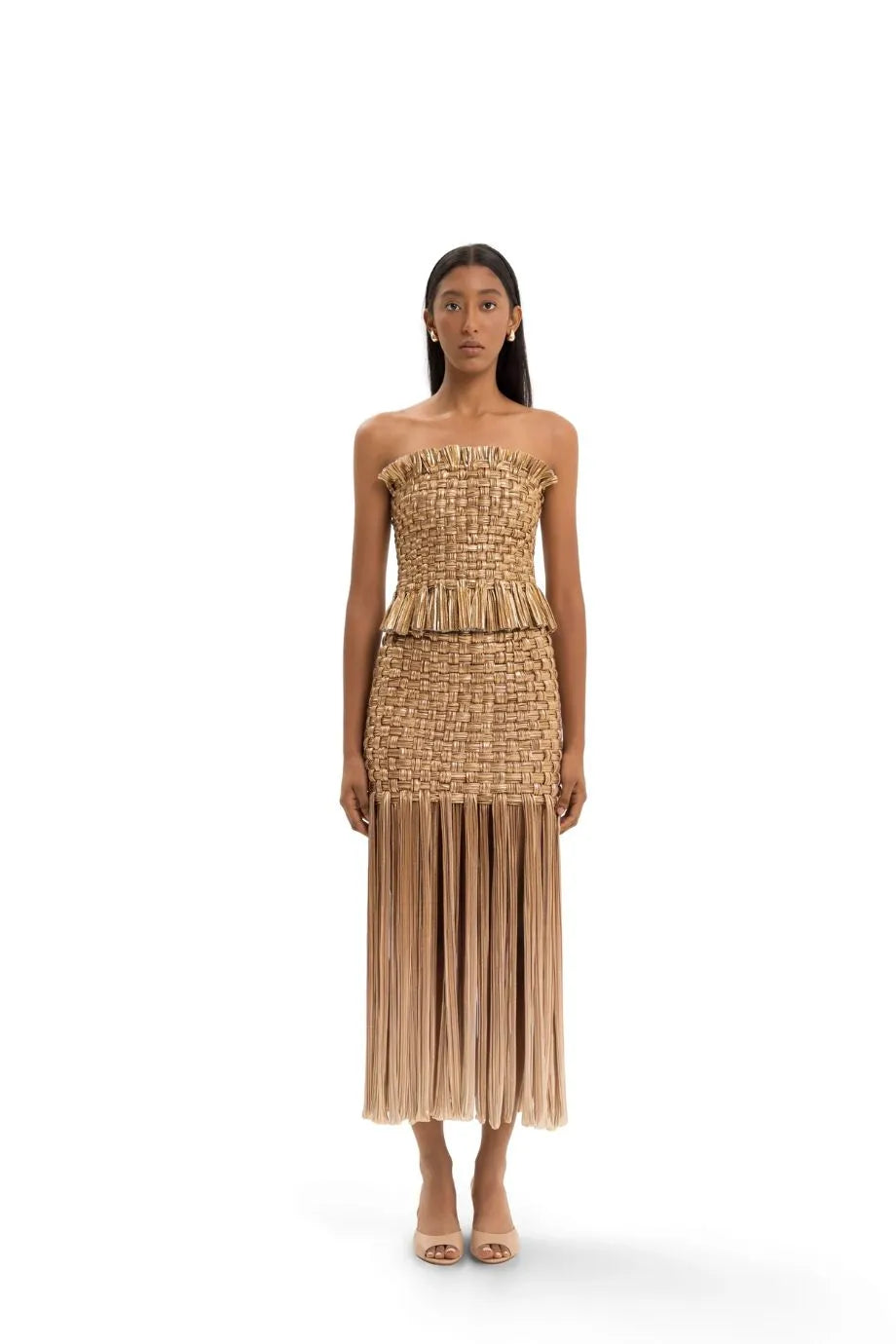 Canoa Fringes Woven Midi Skirt in Gold