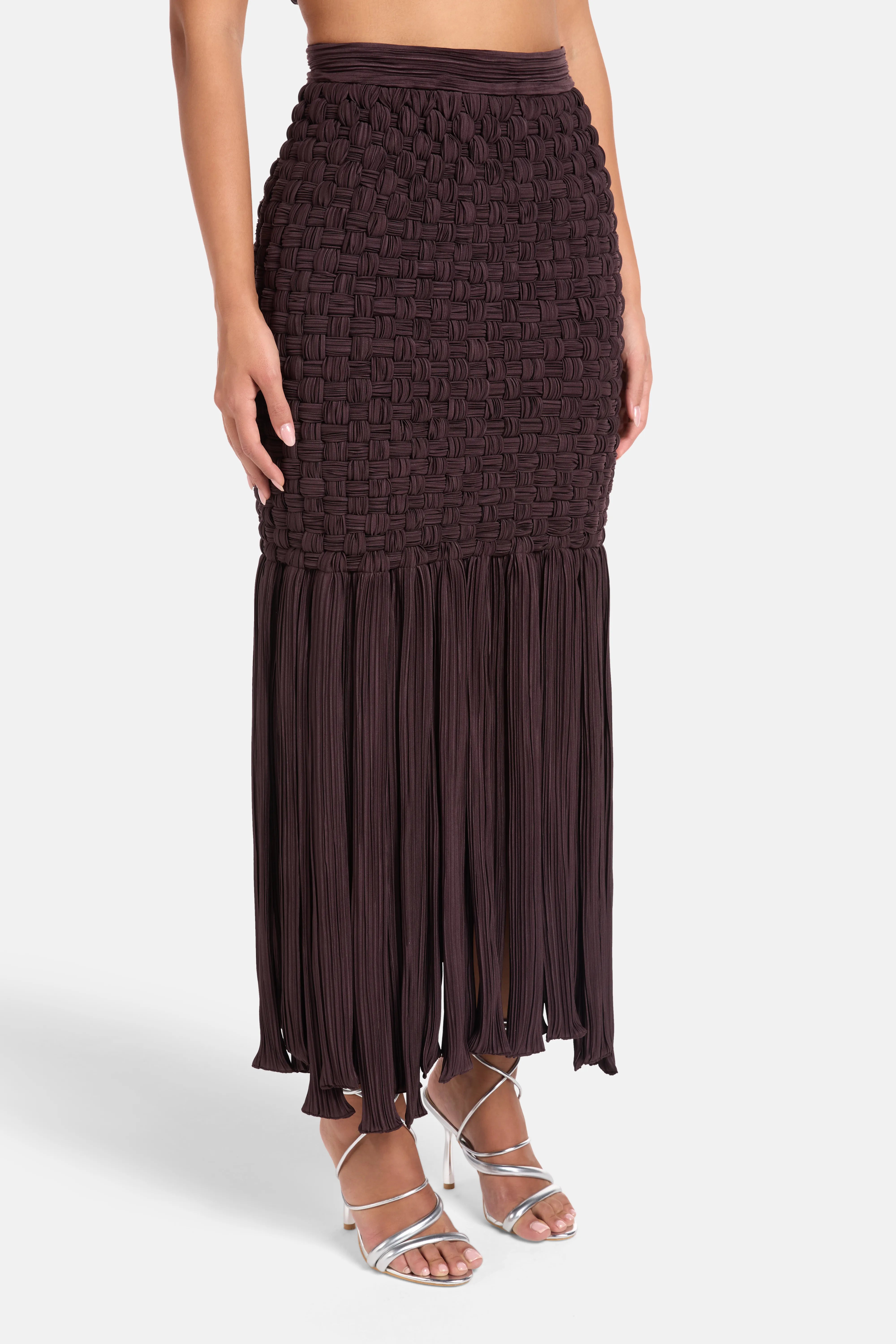 Yara Fringes Woven Midi Skirt in Brown