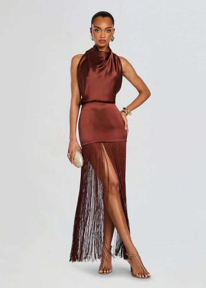 Cyrelle Sleeveless Fringes Mini Dress in Brown
