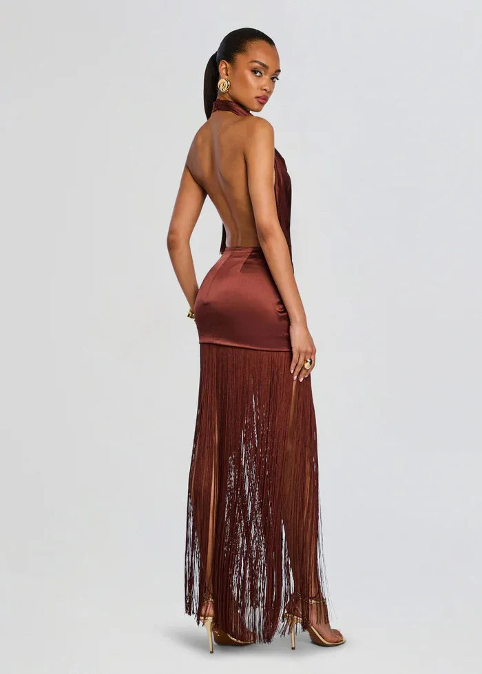 Cyrelle Sleeveless Fringes Mini Dress in Brown