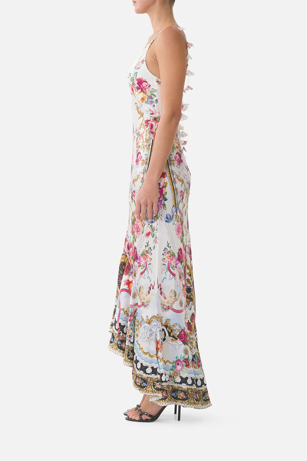 Torero Libertine Floral Flounce Hem Sleeveless Slip Silk Maxi Dress in White