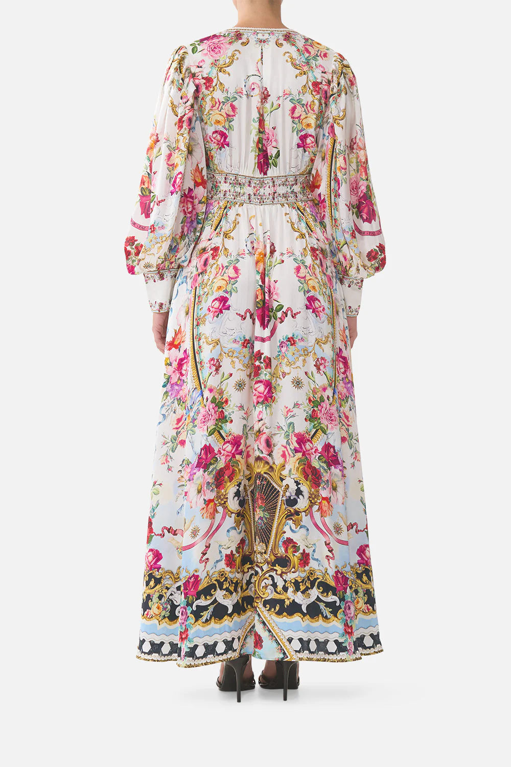 Torero Libertine Floral Shaped Waistband Silk Maxi Dress in White
