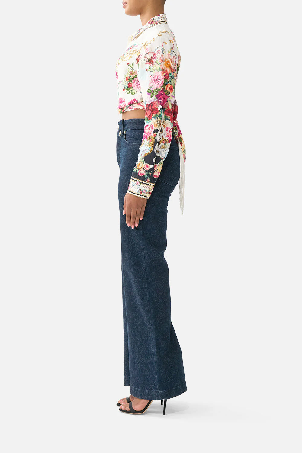 Torero Libertine Floral Cropped Wrap Tie Collared Linen Top in White