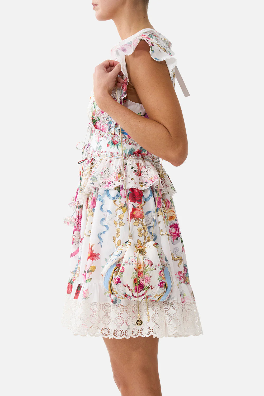 Torero Libertine Floral Drawstring Pouch Chain Strap Shoulder Bag in White