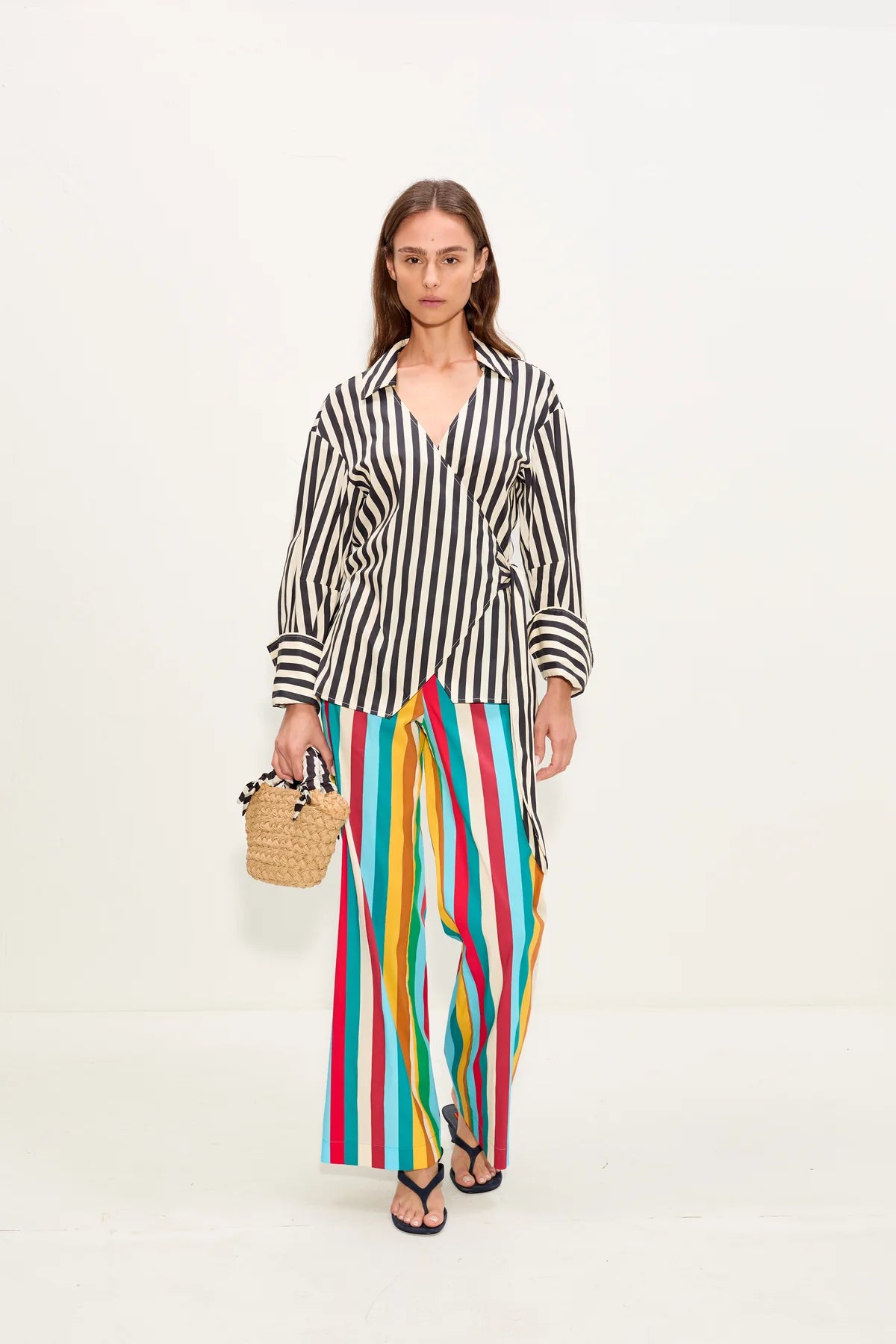 Inna Sleeveless Poplin Striped Button Up Cotton Top in Black