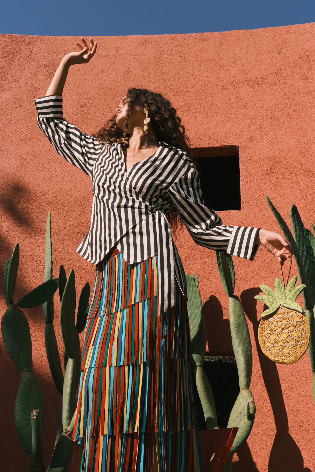 Anya Poplin Striped Wrap Button Up Cotton Top in Black