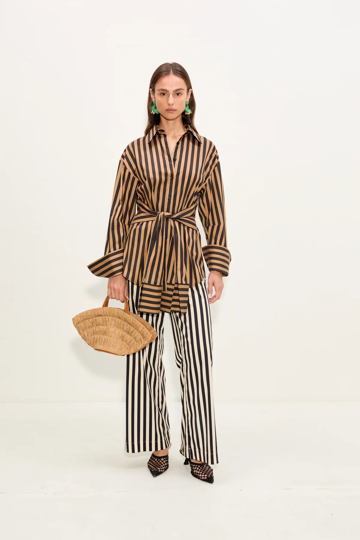 Inna Poplin Striped Button Up Cotton Top in Brown