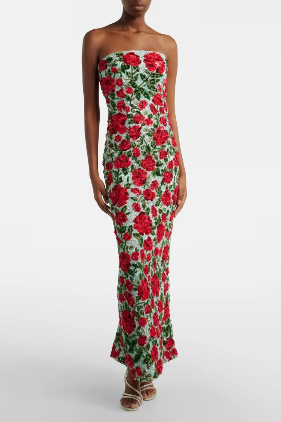 Crimson Rose Sequins Beaded Crystals Strapless Evening Dress in Blue