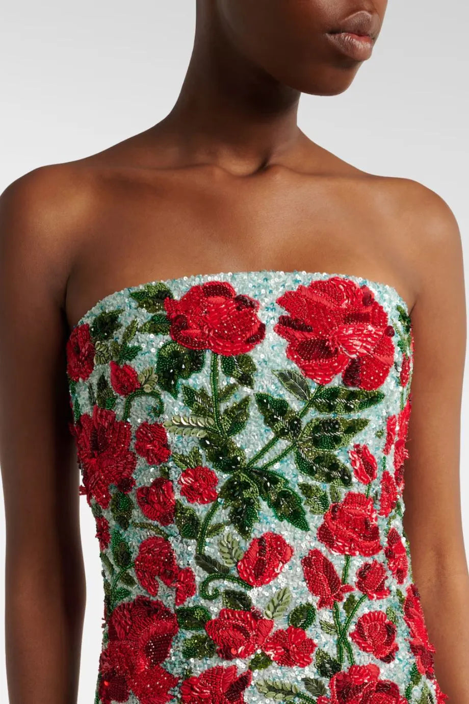 Crimson Rose Sequins Beaded Crystals Strapless Evening Dress in Blue