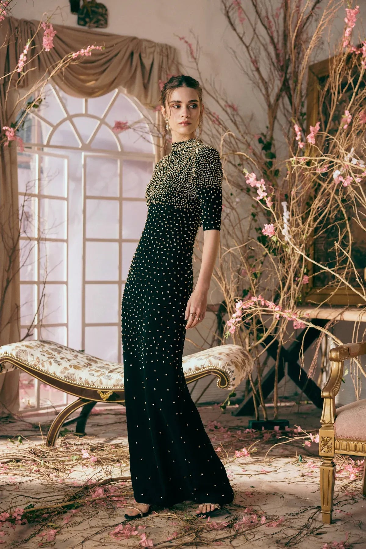 Nyx Constellation Bloom Crystals Embellished Evening Dress in Black