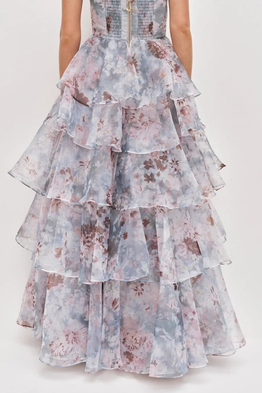 Gabriella Linen Blend Strapless Floral Maxi Dress in Blue