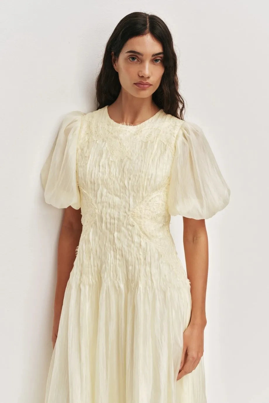 Ophelia Lace Midi Dress in Yellow