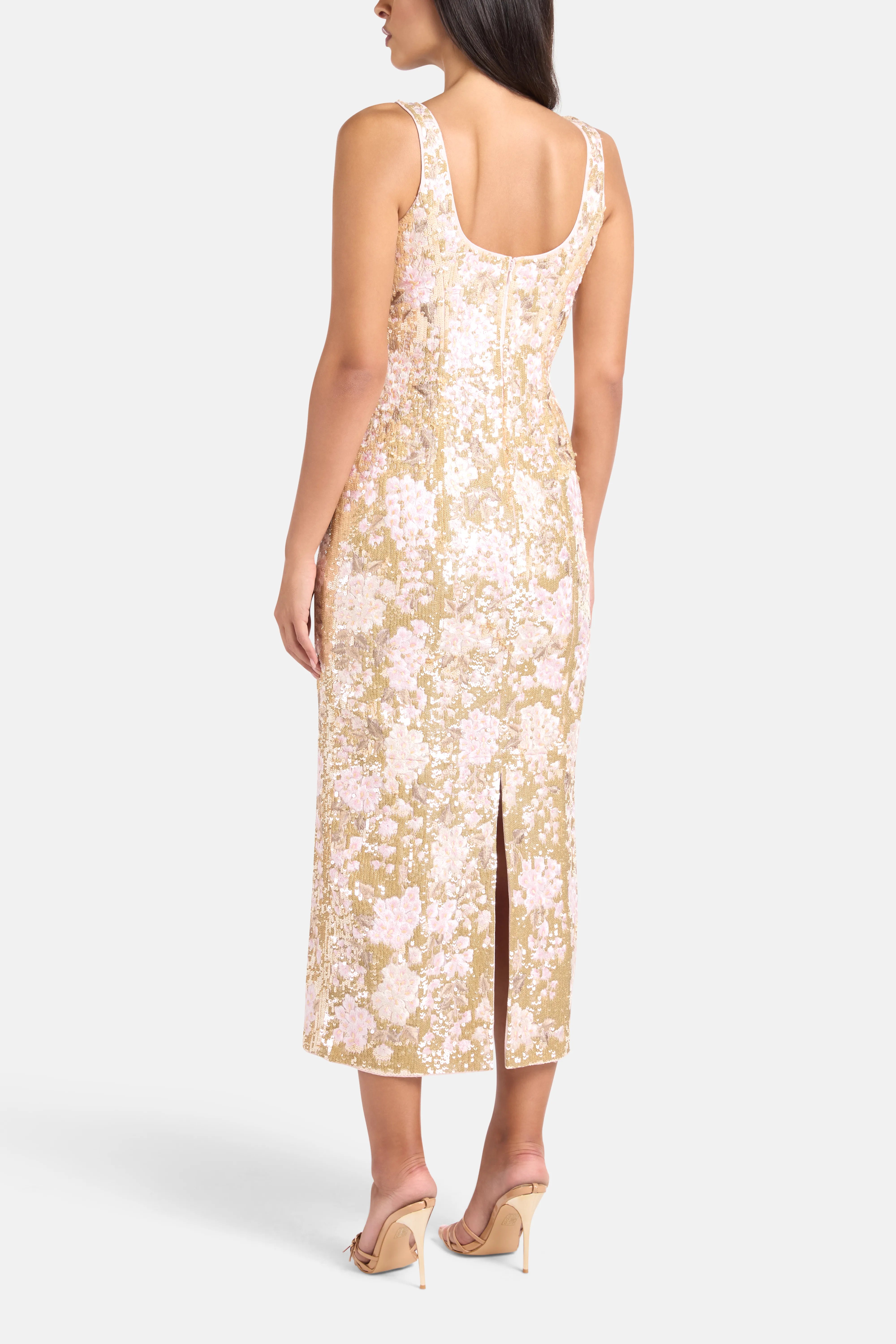 Wisteria Shimmer Georgette Sleeveless Floral Sequins Evening Dress in Gold