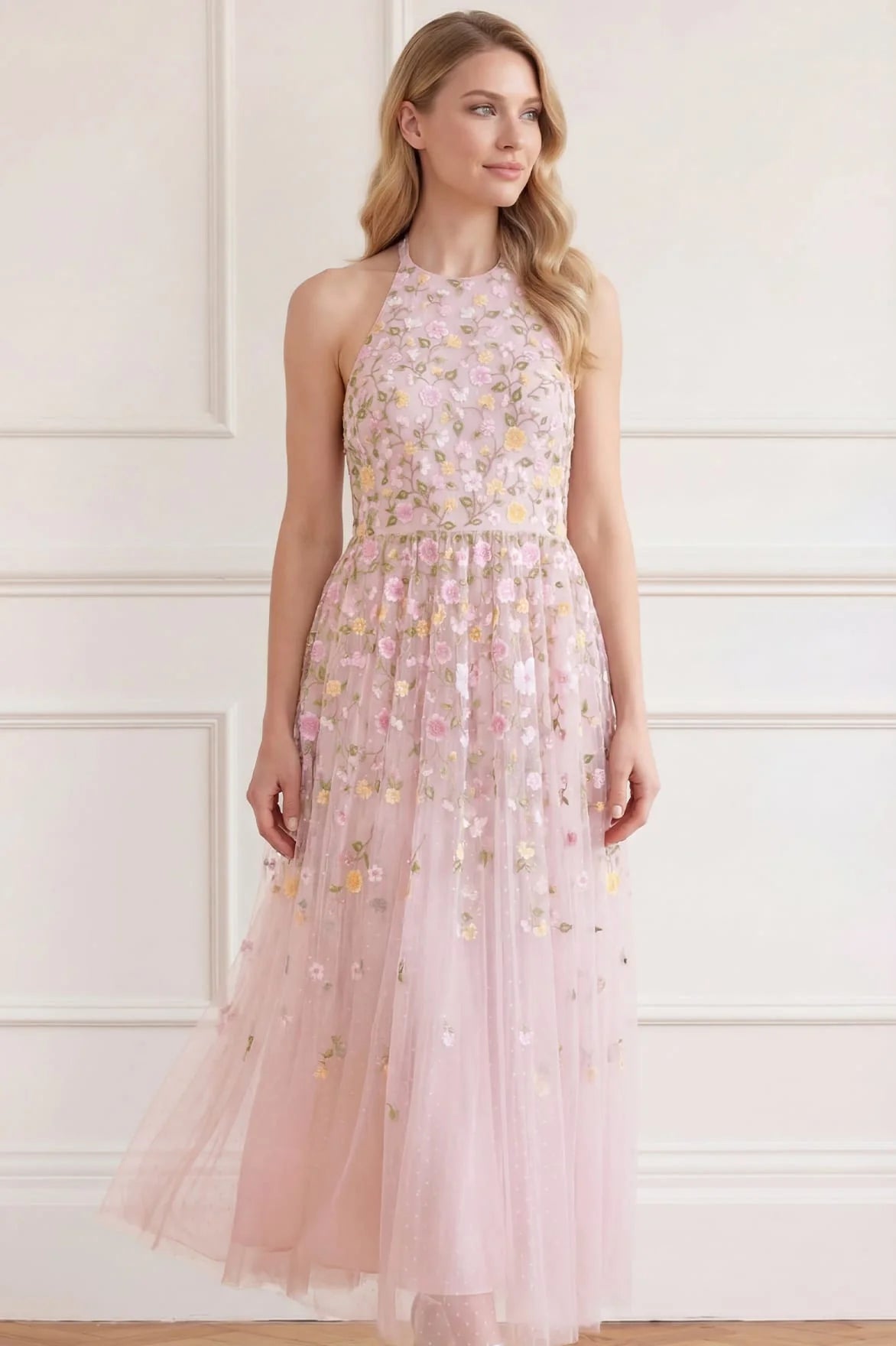 Trailing Roses Halter Neck Sleeveless Floral Evening Dress in Pink