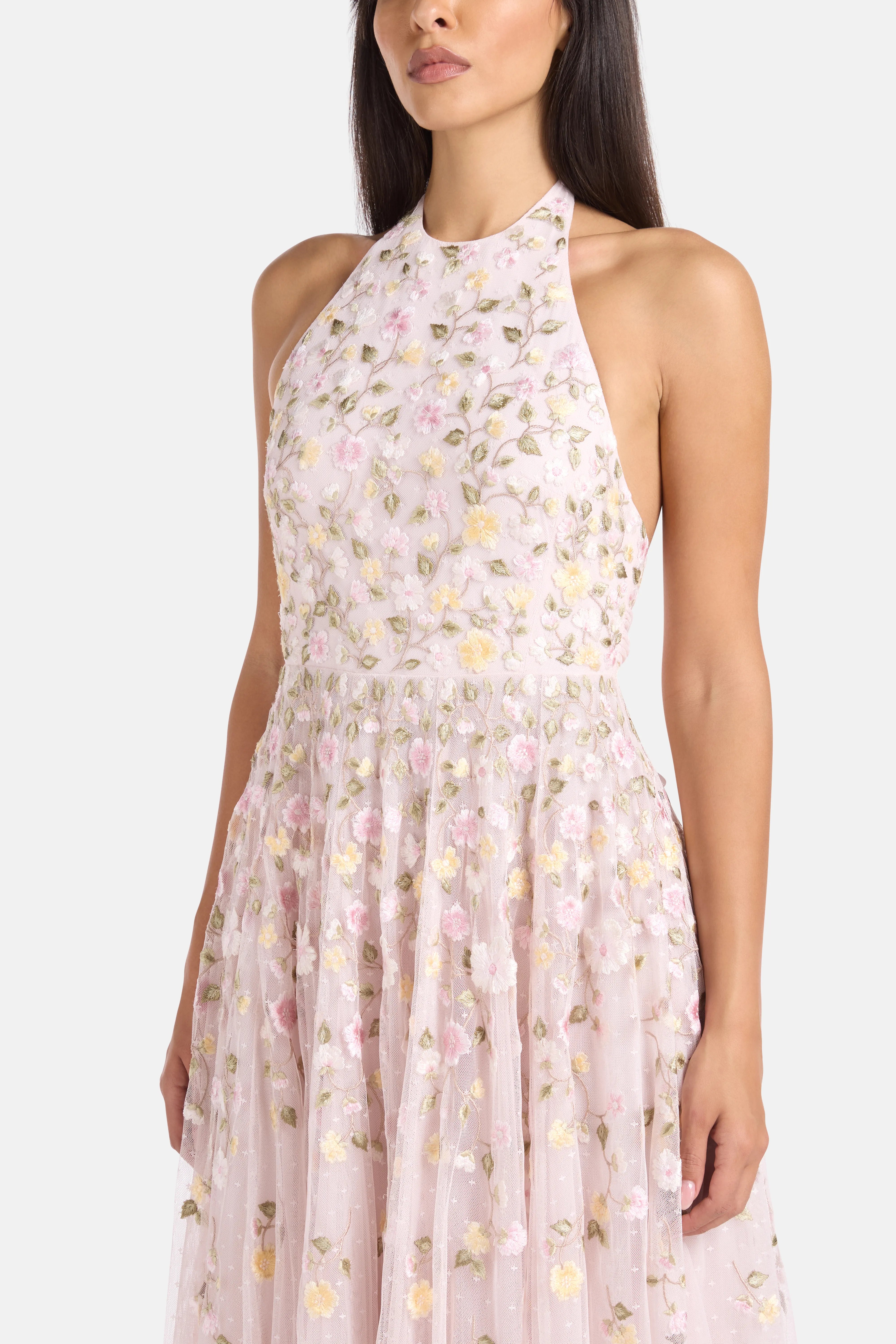 Trailing Roses Halter Neck Sleeveless Floral Evening Dress in Pink