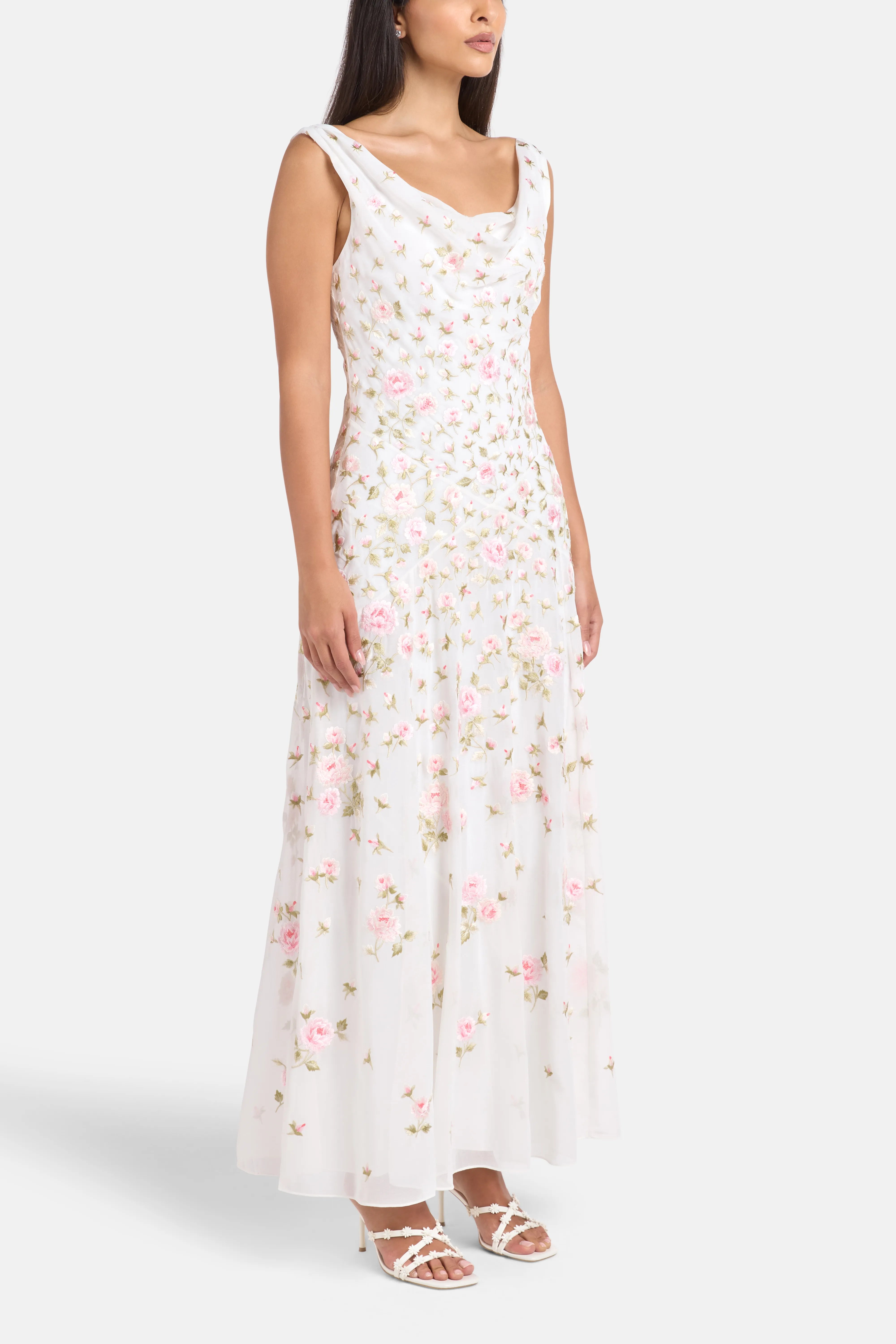 Rose Bloom Georgette Sleeveless Floral Evening Dress in White