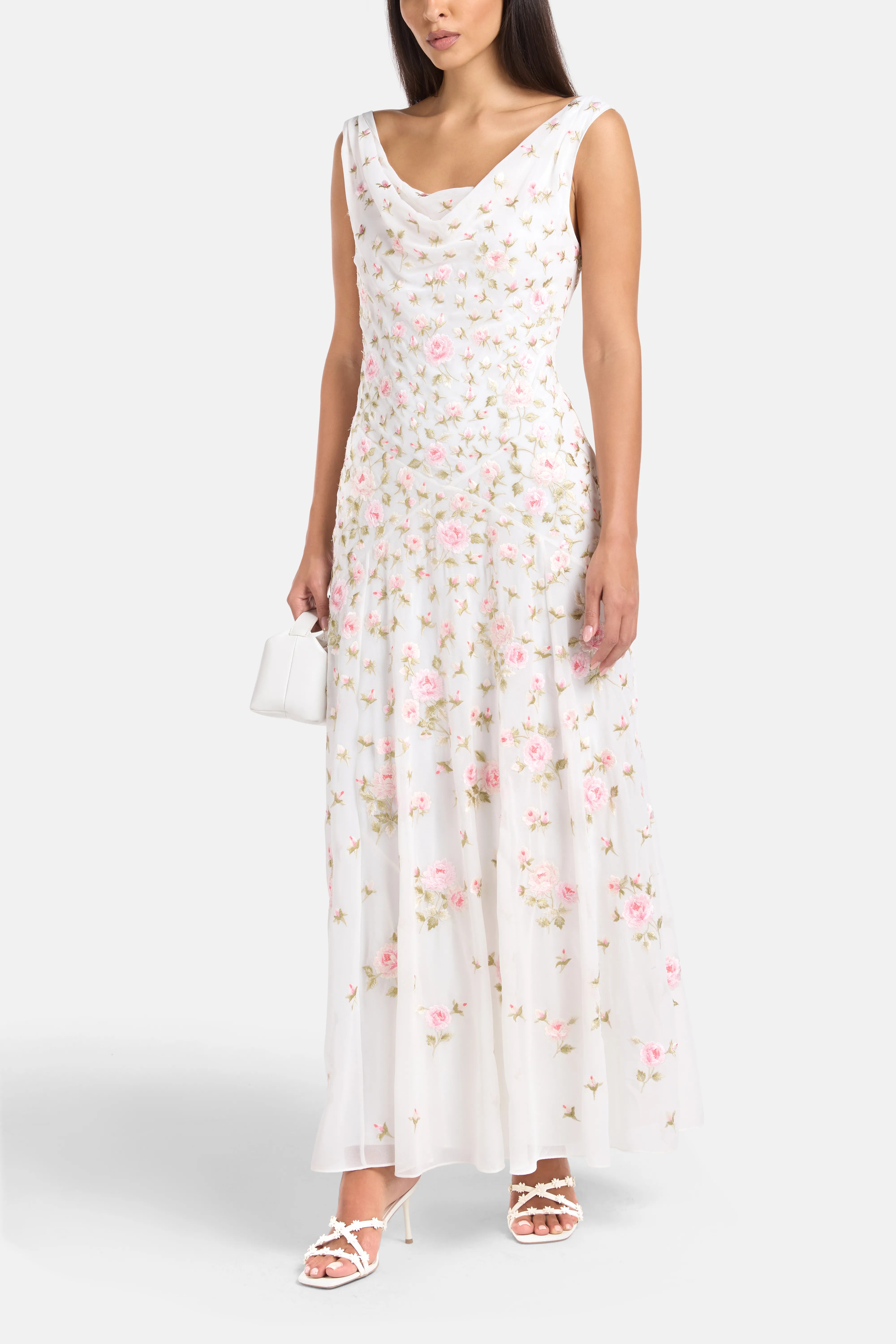 Rose Bloom Georgette Sleeveless Floral Evening Dress in White