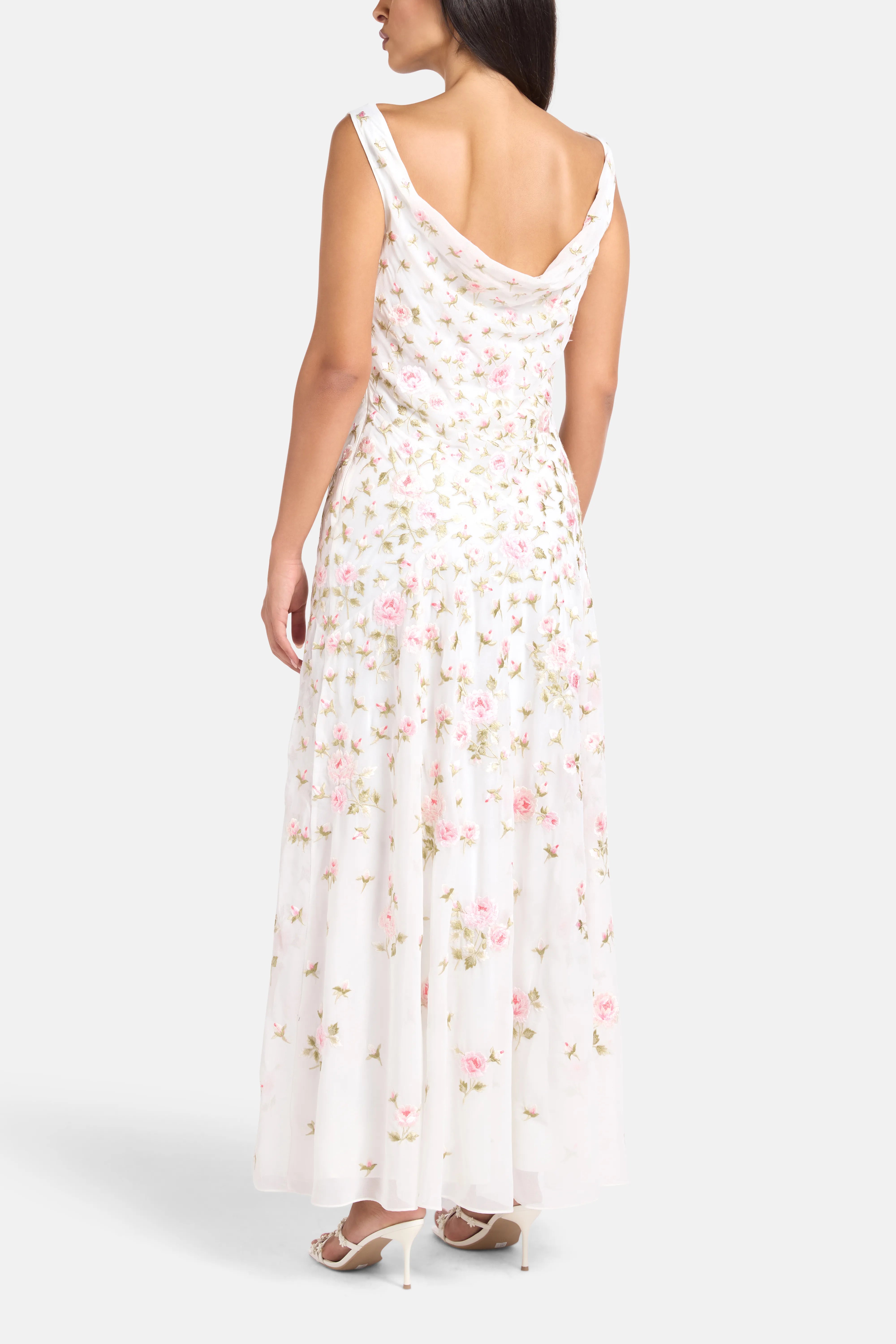 Rose Bloom Georgette Sleeveless Floral Evening Dress in White