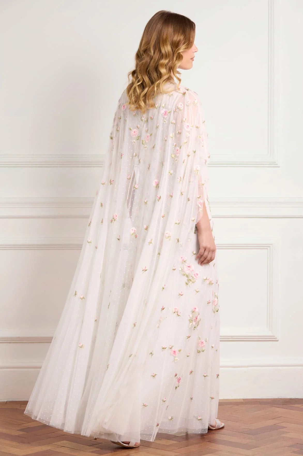 Rose Bloom Cape Floral Evening Dress in White