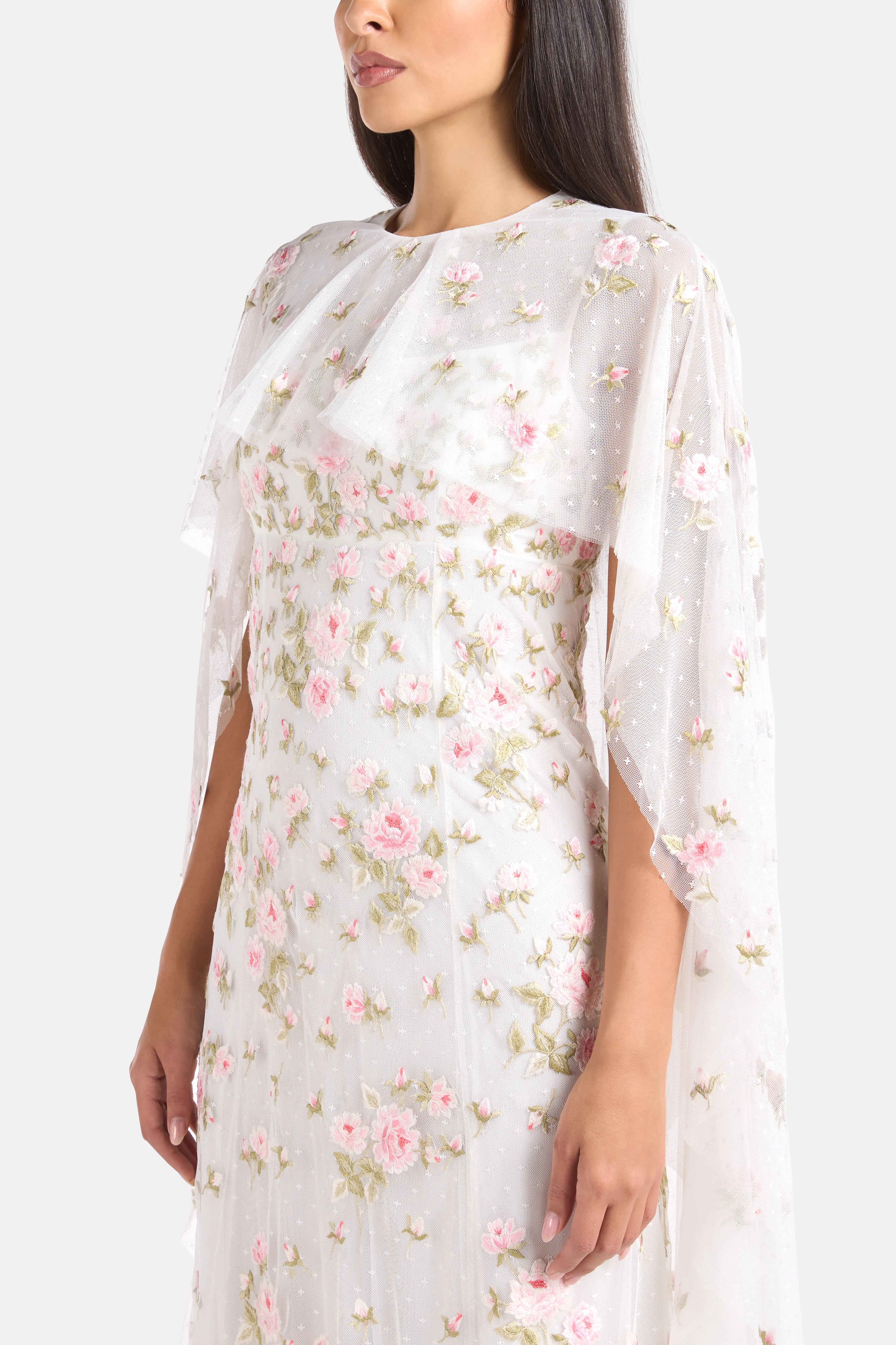 Rose Bloom Cape Floral Evening Dress in White