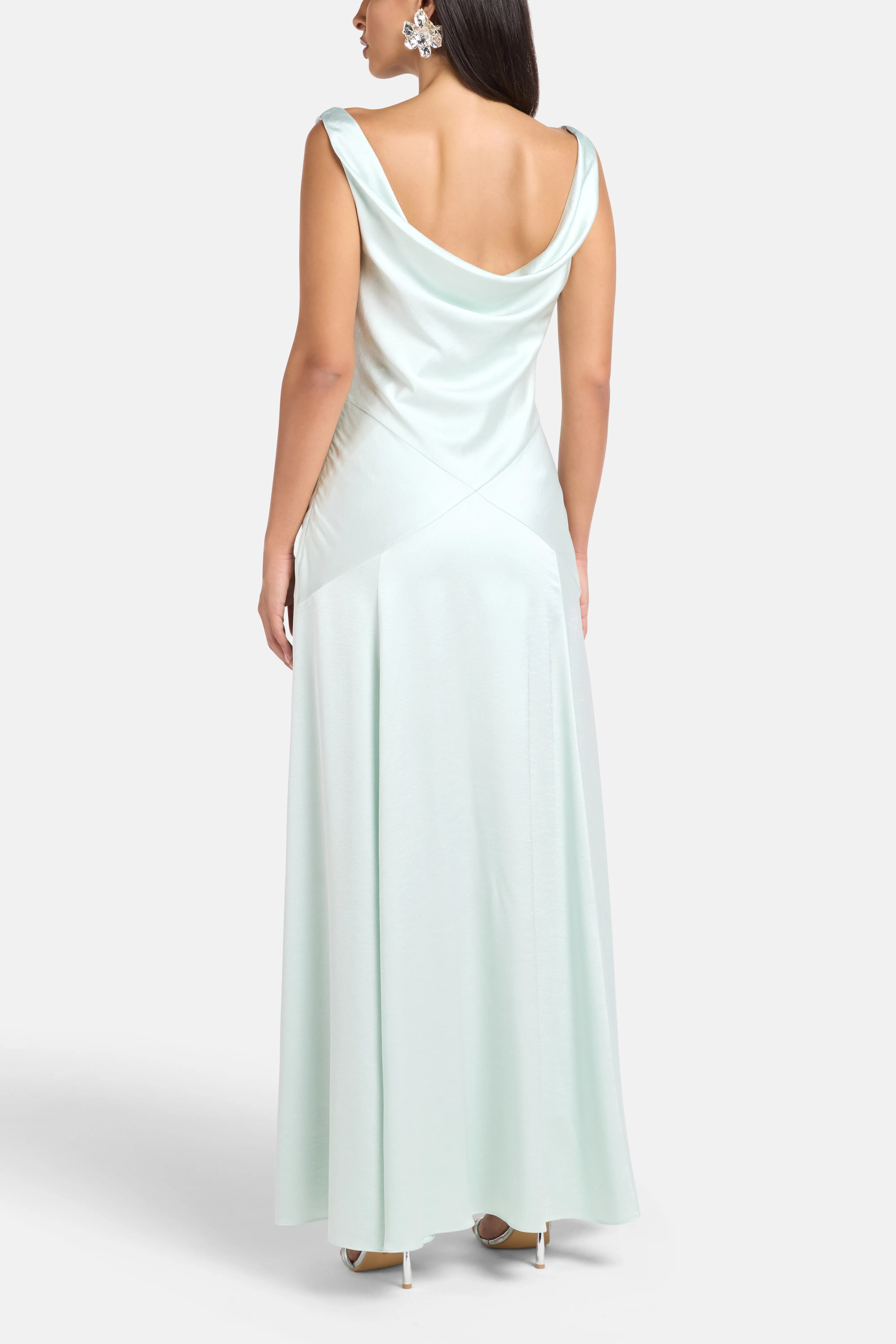 Evangeline Satin Cowl Neck Evening Dress in Green