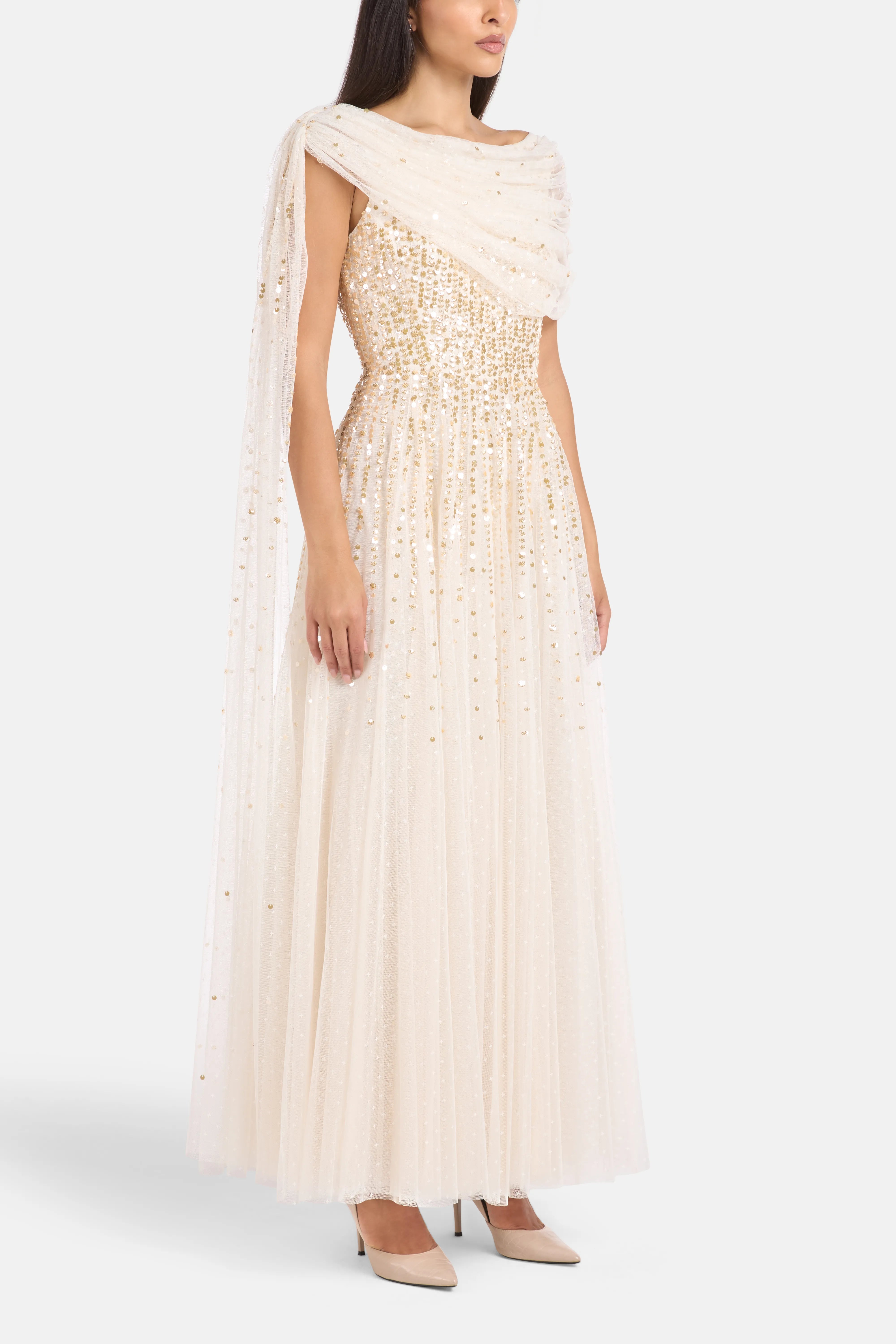 Moonlight Sequins Draped Evening Dress in Gold