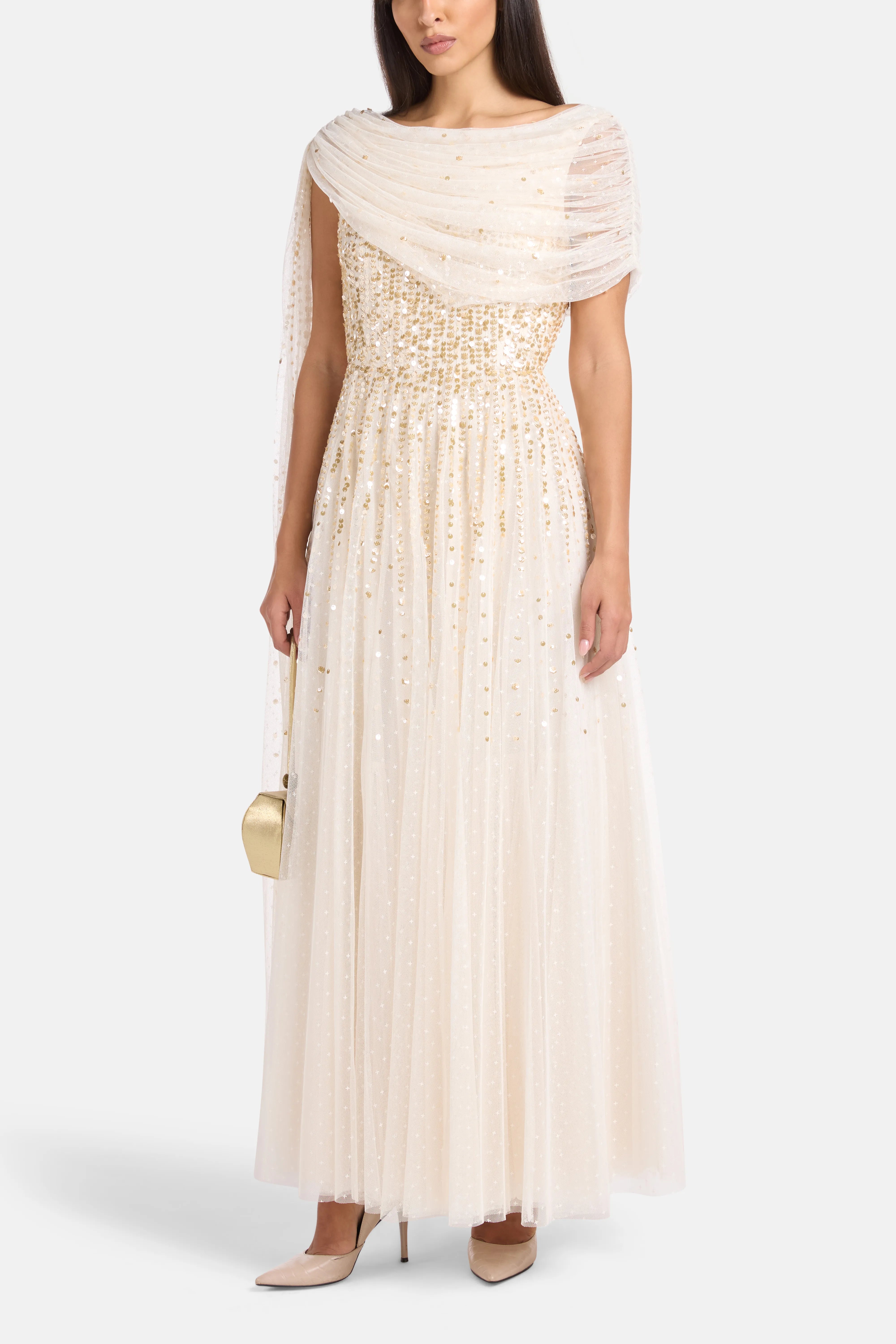 Moonlight Sequins Draped Evening Dress in Gold