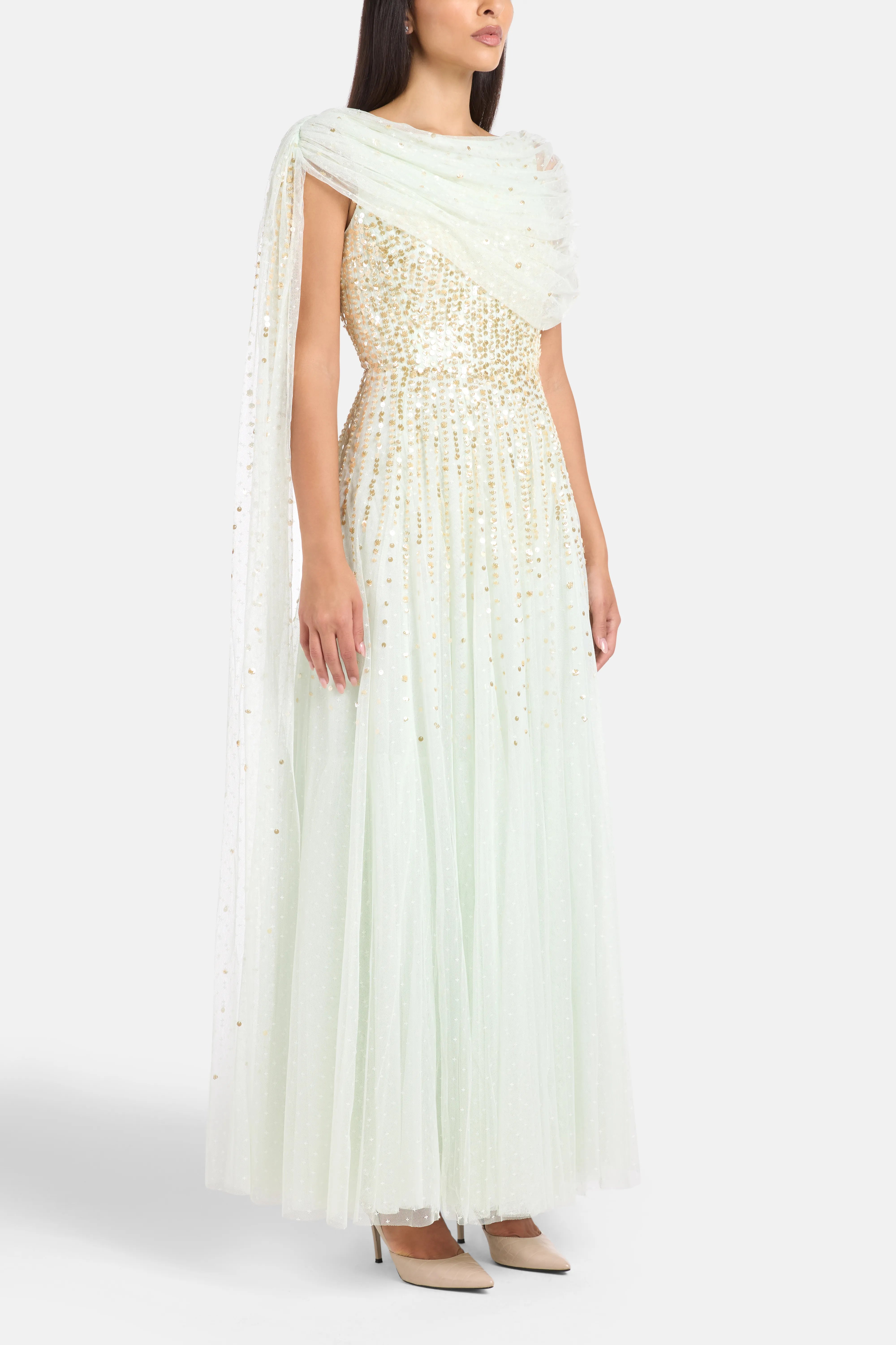 Moonlight Sequins Draped Evening Dress in Green