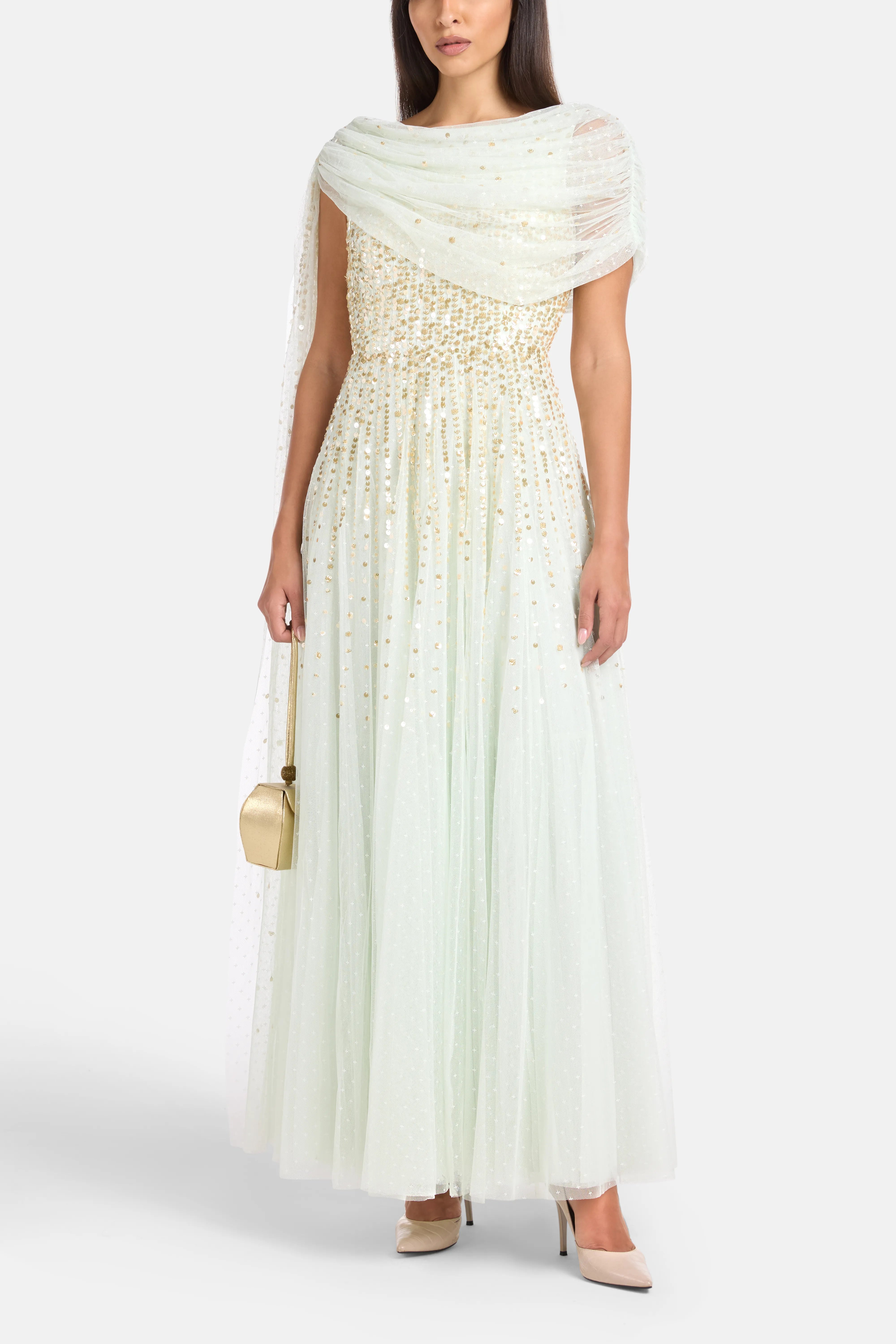 Moonlight Sequins Draped Evening Dress in Green