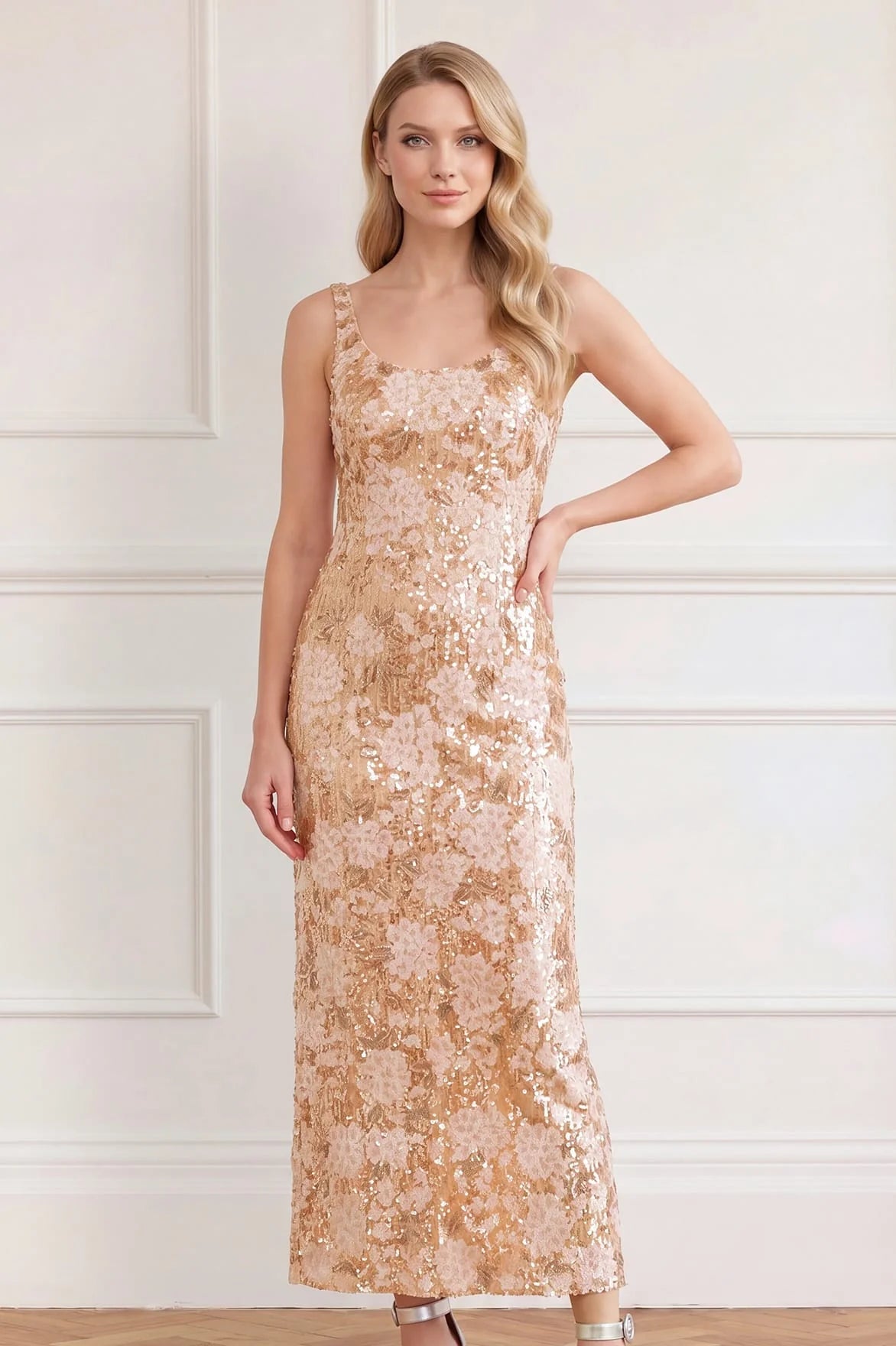 Wisteria Shimmer Georgette Sleeveless Floral Sequins Evening Dress in Gold