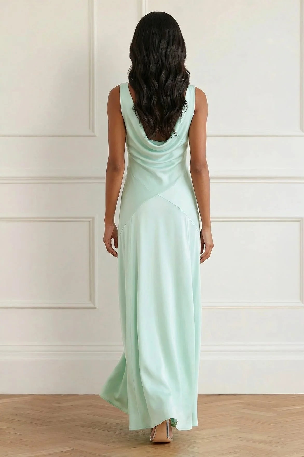 Evangeline Satin Cowl Neck Evening Dress in Green
