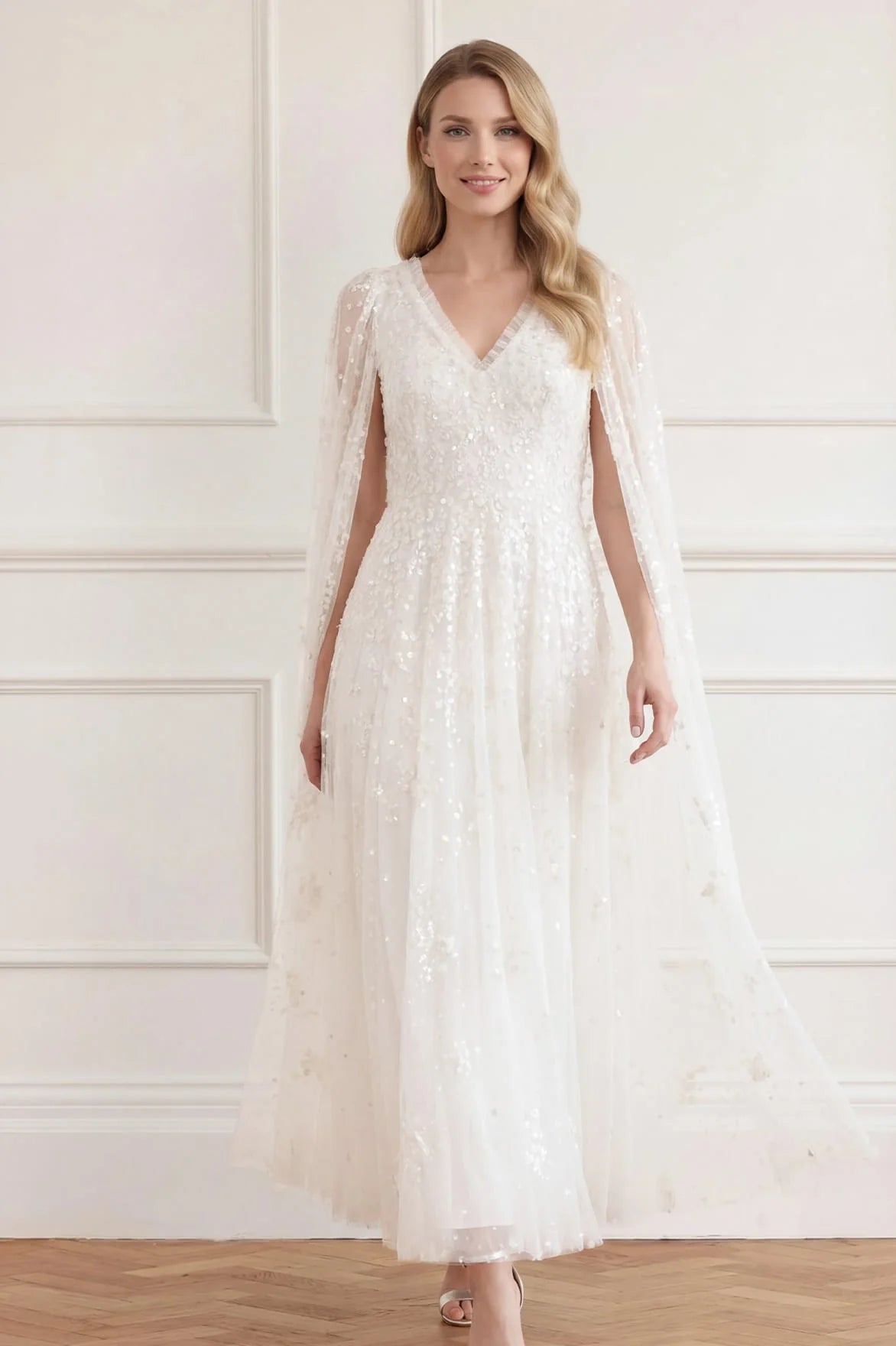 Versailles Ditsy Cape Floral Sequins Evening Dress in White