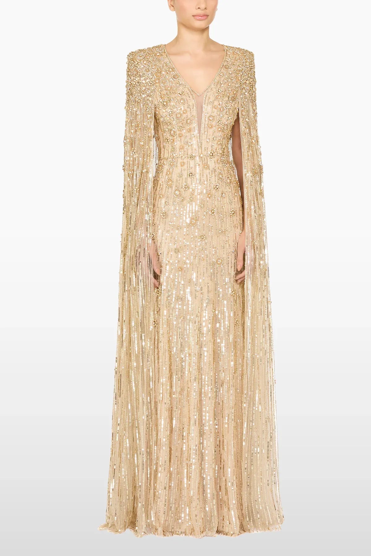 Sweet Silva Sequins Embellished Cape Evening Gown in Gold