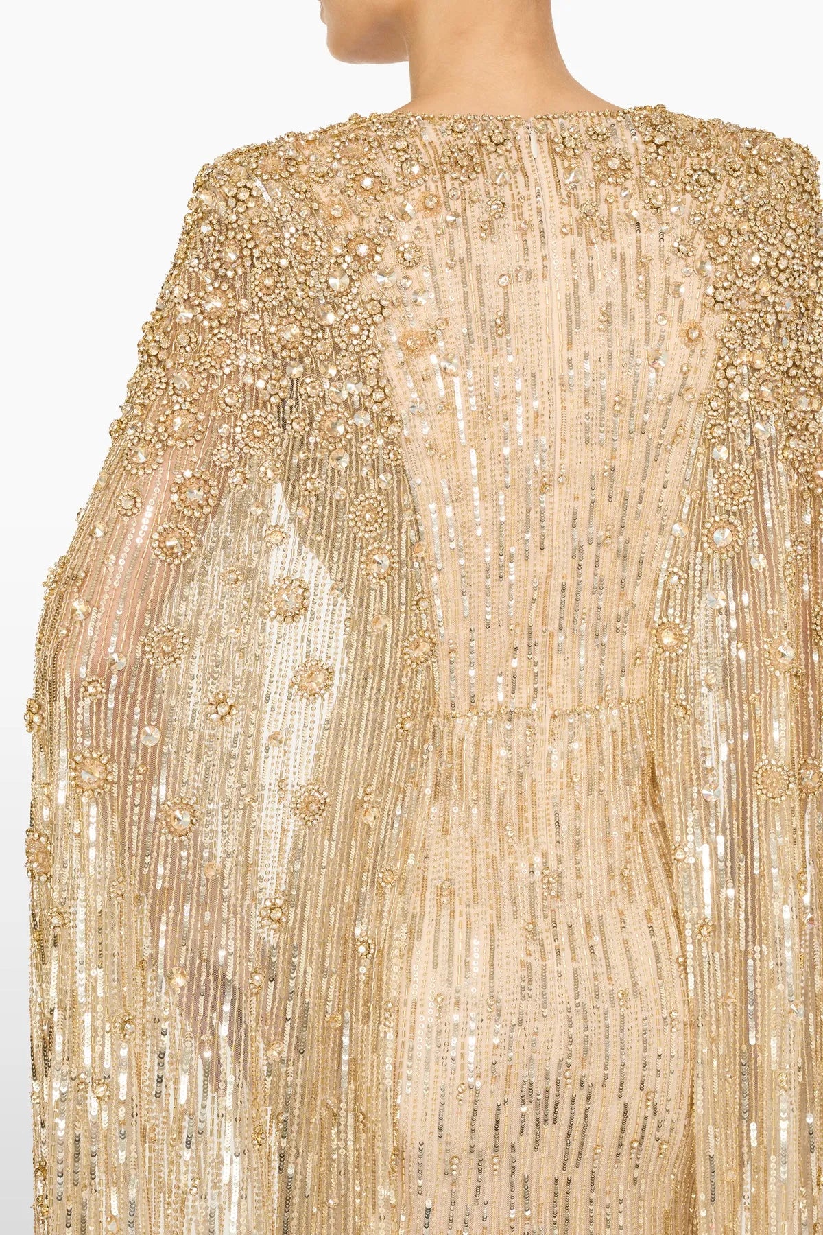 Sweet Silva Sequins Embellished Cape Evening Gown in Gold