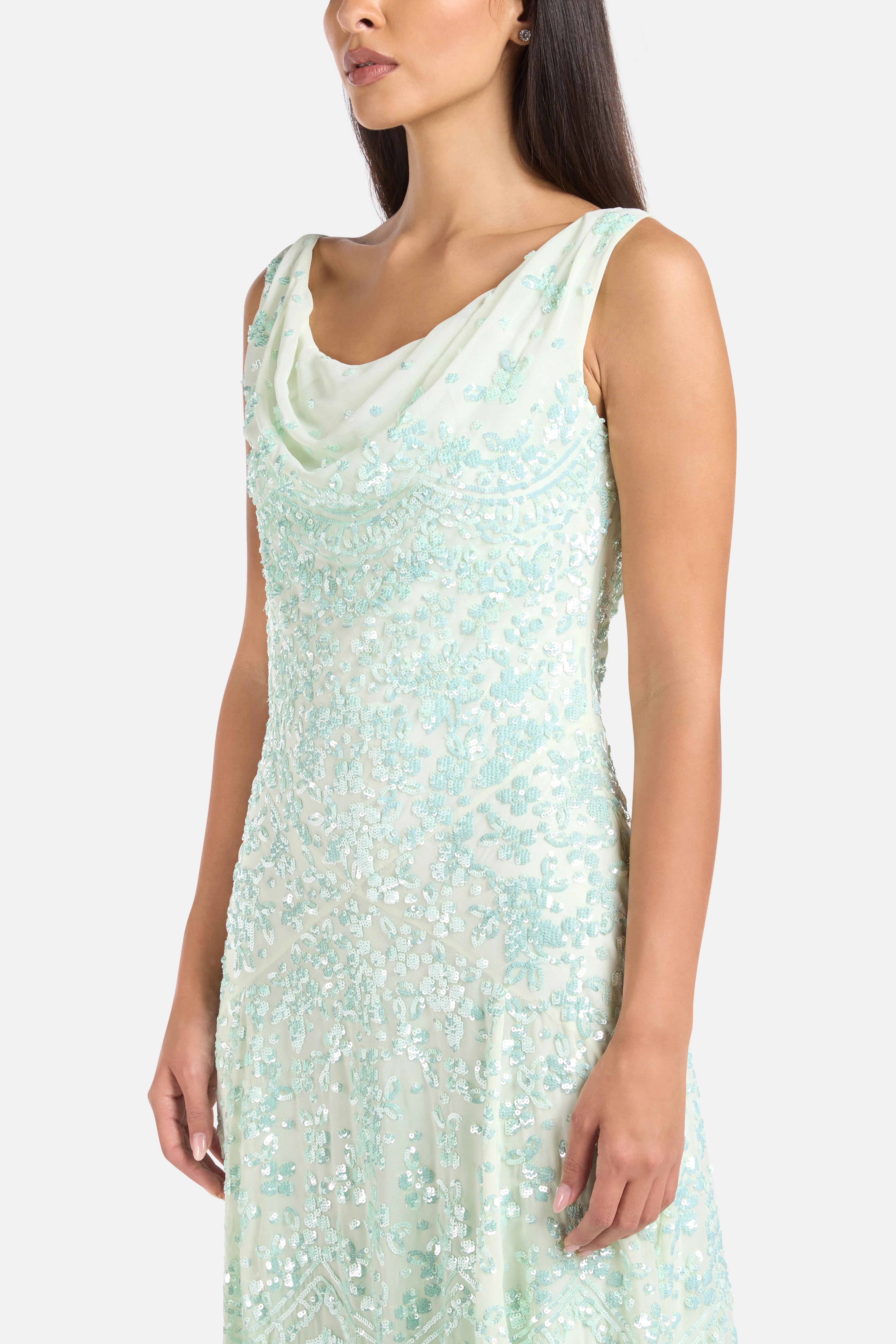 Freya Georgette Sleeveless Floral Sequins Evening Dress in Green