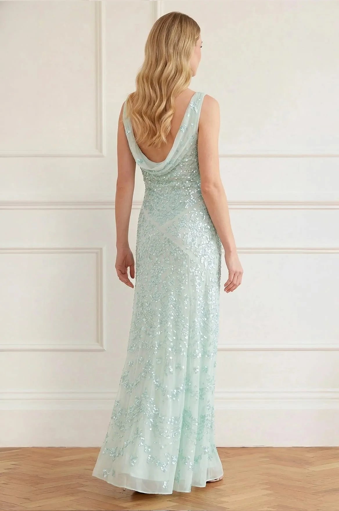 Freya Georgette Sleeveless Floral Sequins Evening Dress in Green