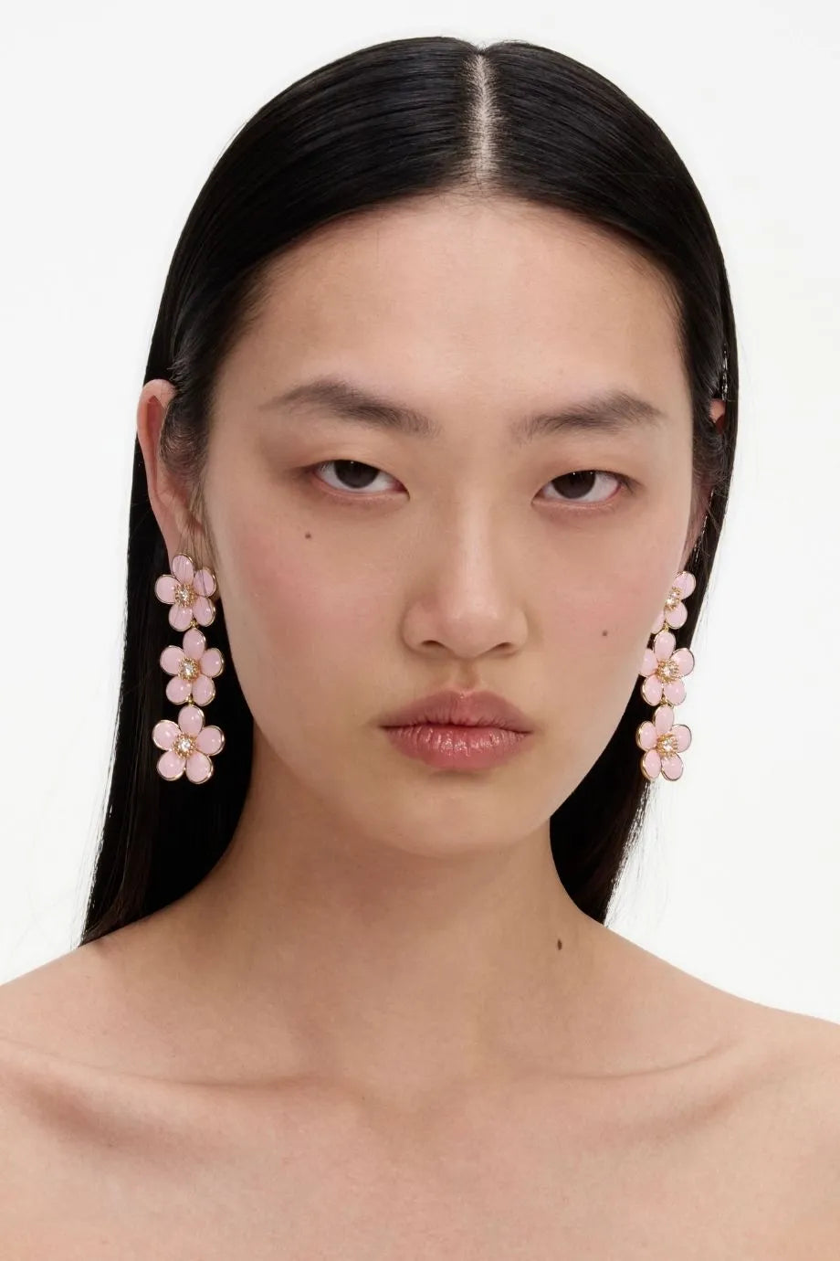 Enamel Floral Tiered Earrings in Pink