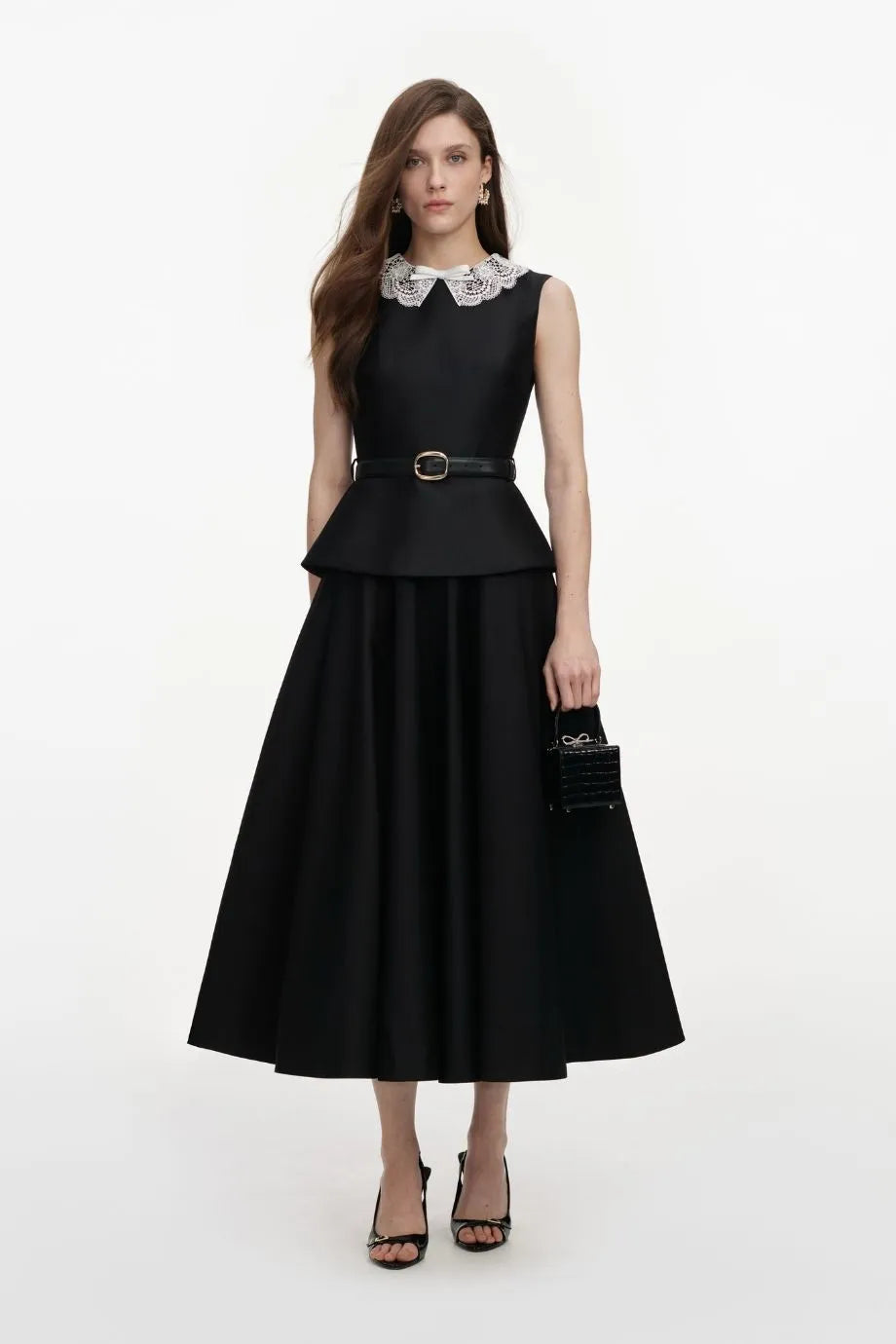 Taffeta Sleeveless Peplum Belted Midi Dress in Black
