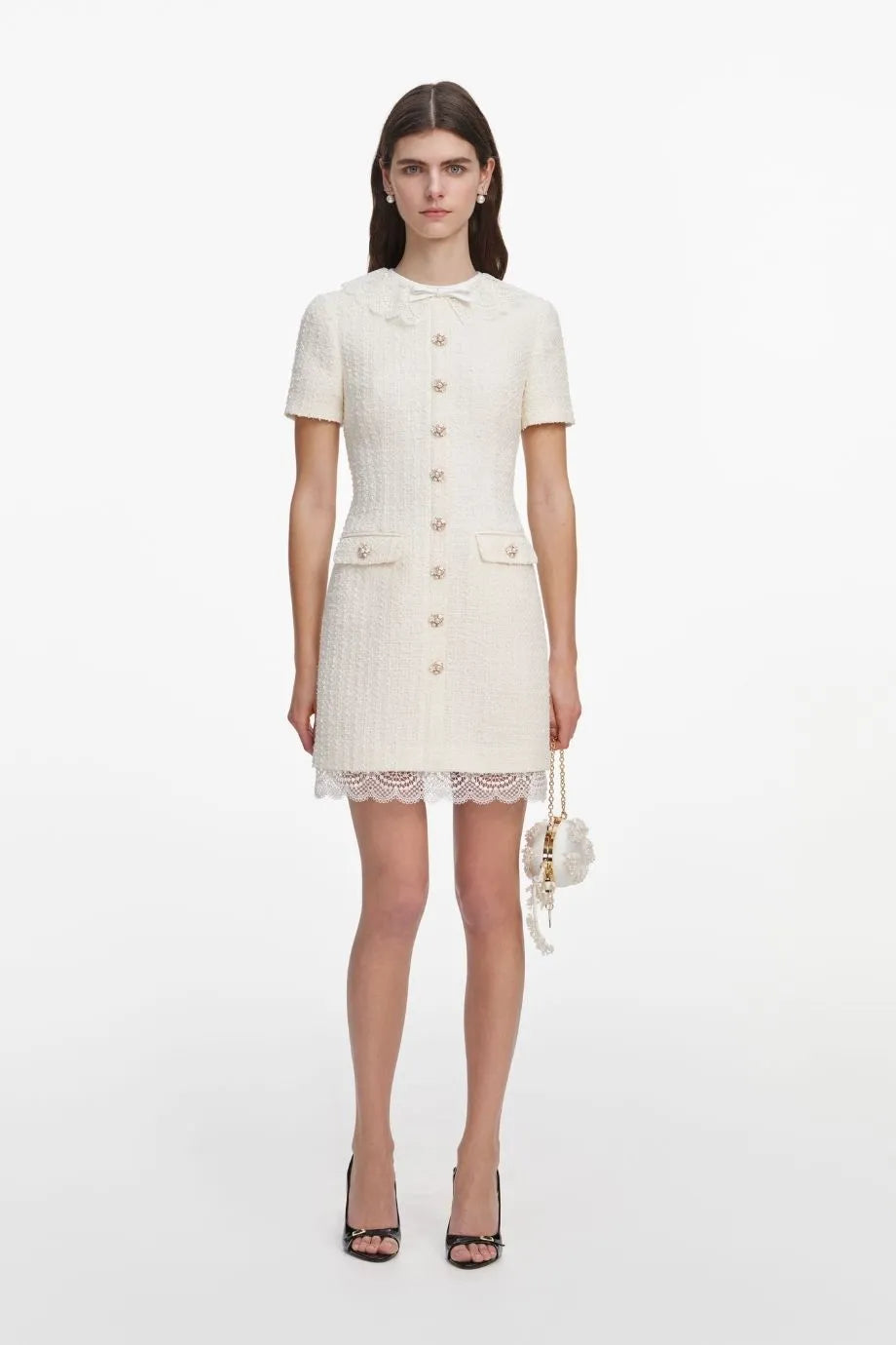 Boucle Short Sleeves Lace Trim Mini Dress in Cream