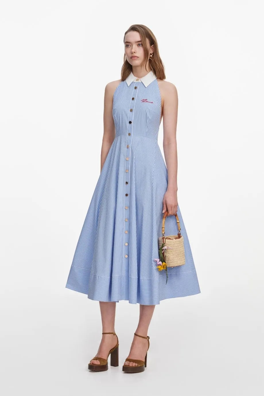 Striped Sleeveless Collar Cotton Midi Dress in Blue