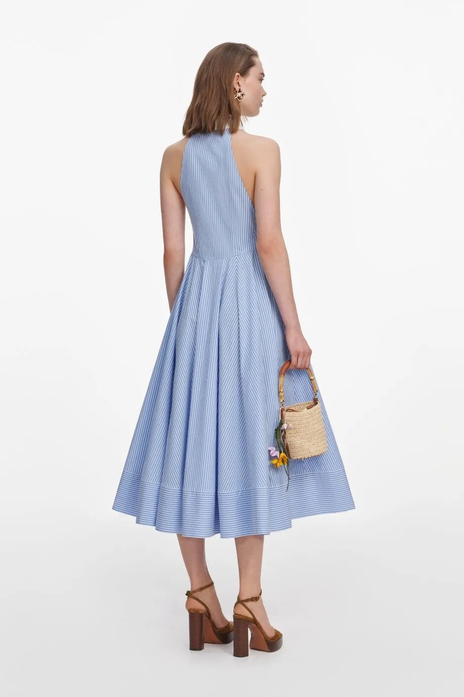 Striped Sleeveless Collar Cotton Midi Dress in Blue