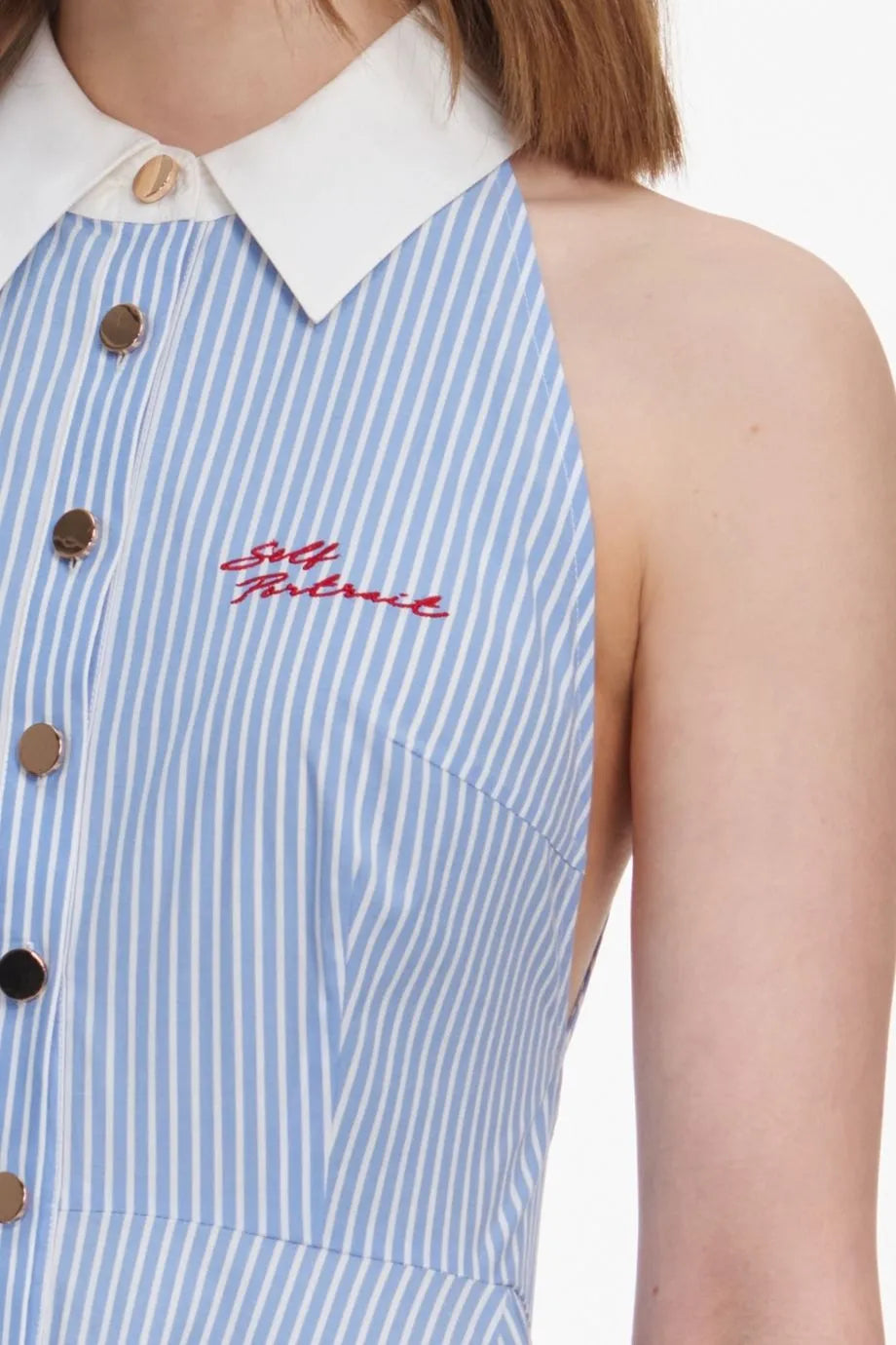 Striped Sleeveless Collar Cotton Midi Dress in Blue